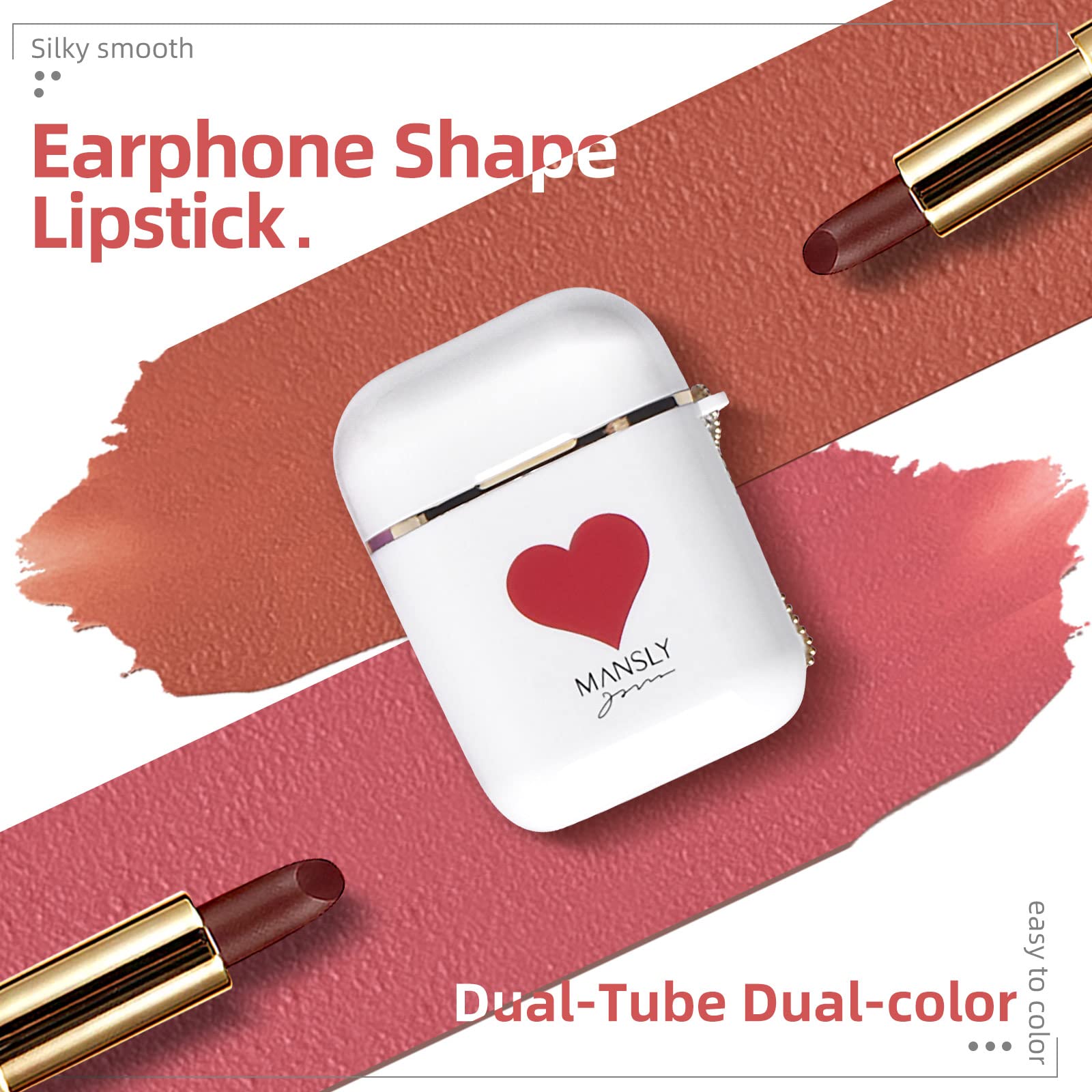 Lamuseland Matte Lipstick, 2Pc/Set Waterproof Long Lasting Moisturizing Lip Stain Earphone Dual-Color Lip Gloss Primer, Non-Stic