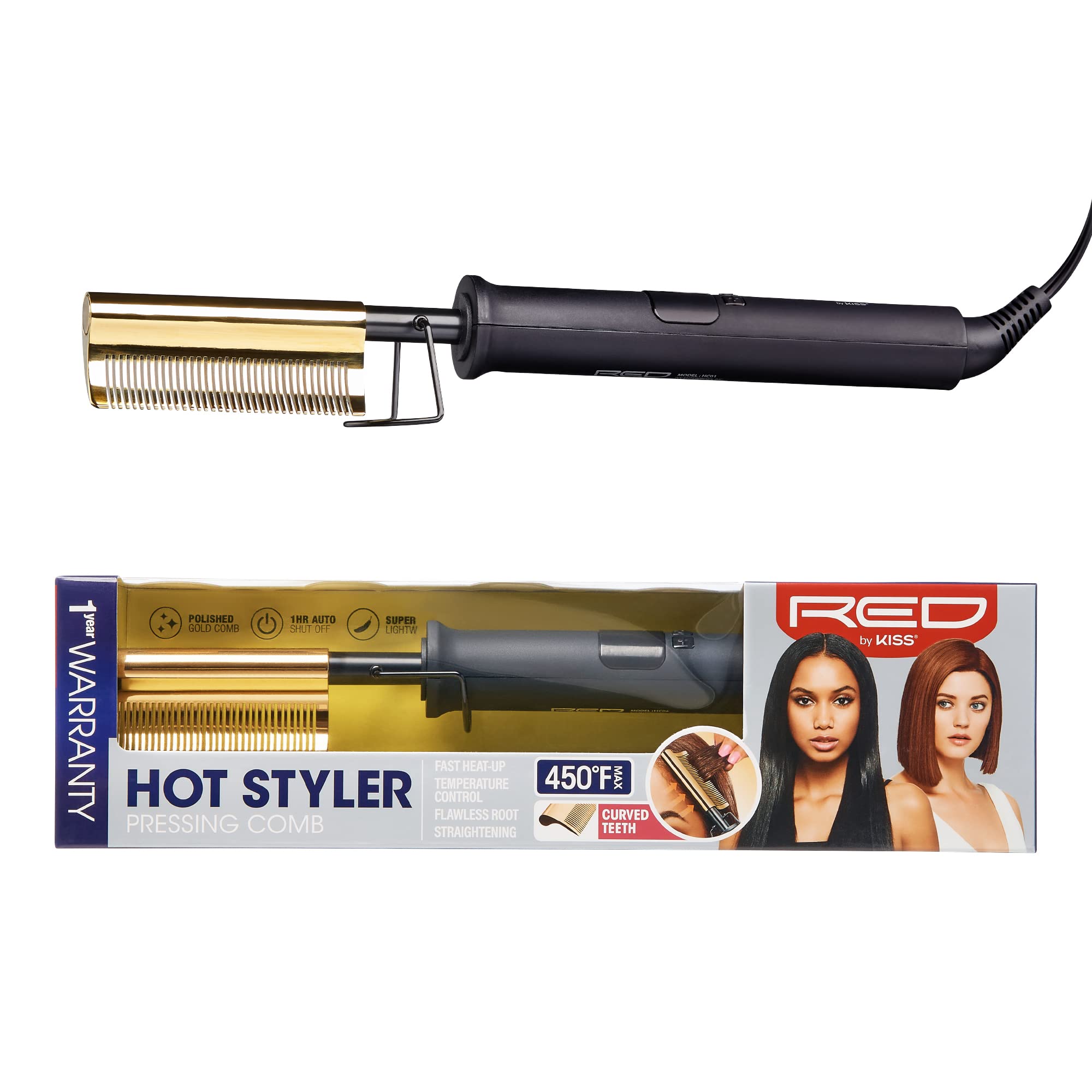 Red By Kiss Hot Comb Hair Straightener 450 Degrees, Curved Electric Heating Comb, Pressing Comb Brush For Straightening Hair And
