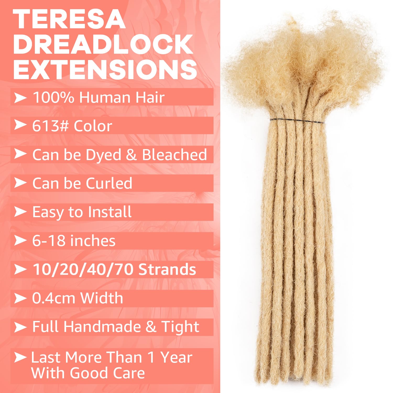 Teresa 4 Inch 0.4Cm Width Loc Extension Human Hair #613 Blonde Color 70 Strands Permanent Locs Extensions Can Be Dyed And Bleach