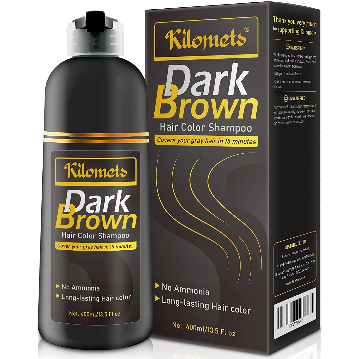 KILOMETS Dark Brown Hair Dye Shampoo 400ml- 100 grey coverage in Minutes - Ammonia Free Hair color Shampoo gray Silver Hair- Ins
