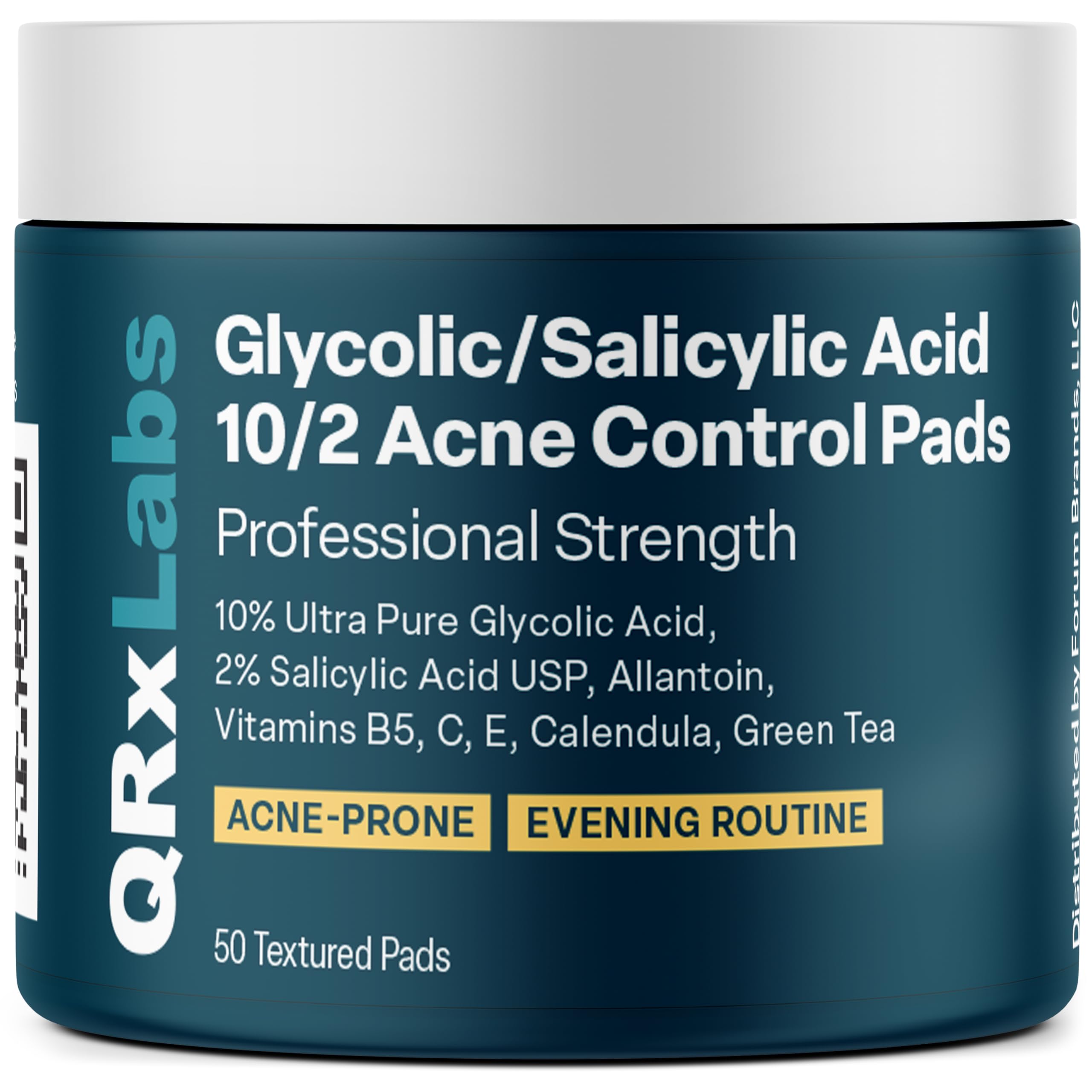 QRxLabs Glycolic + Salicylic Acid Acne Control Pads, 10% Glycolic & 2% Salicylic, 50 Count - Clear Skin Treatment