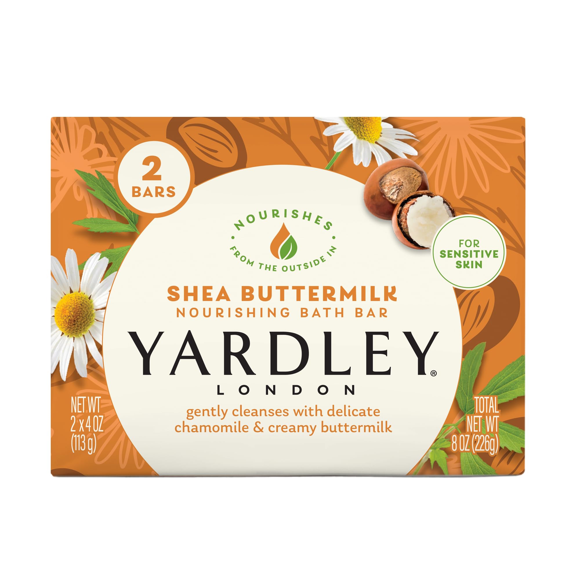 Yardley London Shea Buttermilk Sensitive Skin Naturally Moisturizing Bath Bar, 4.25 Ounce, 2 Count
