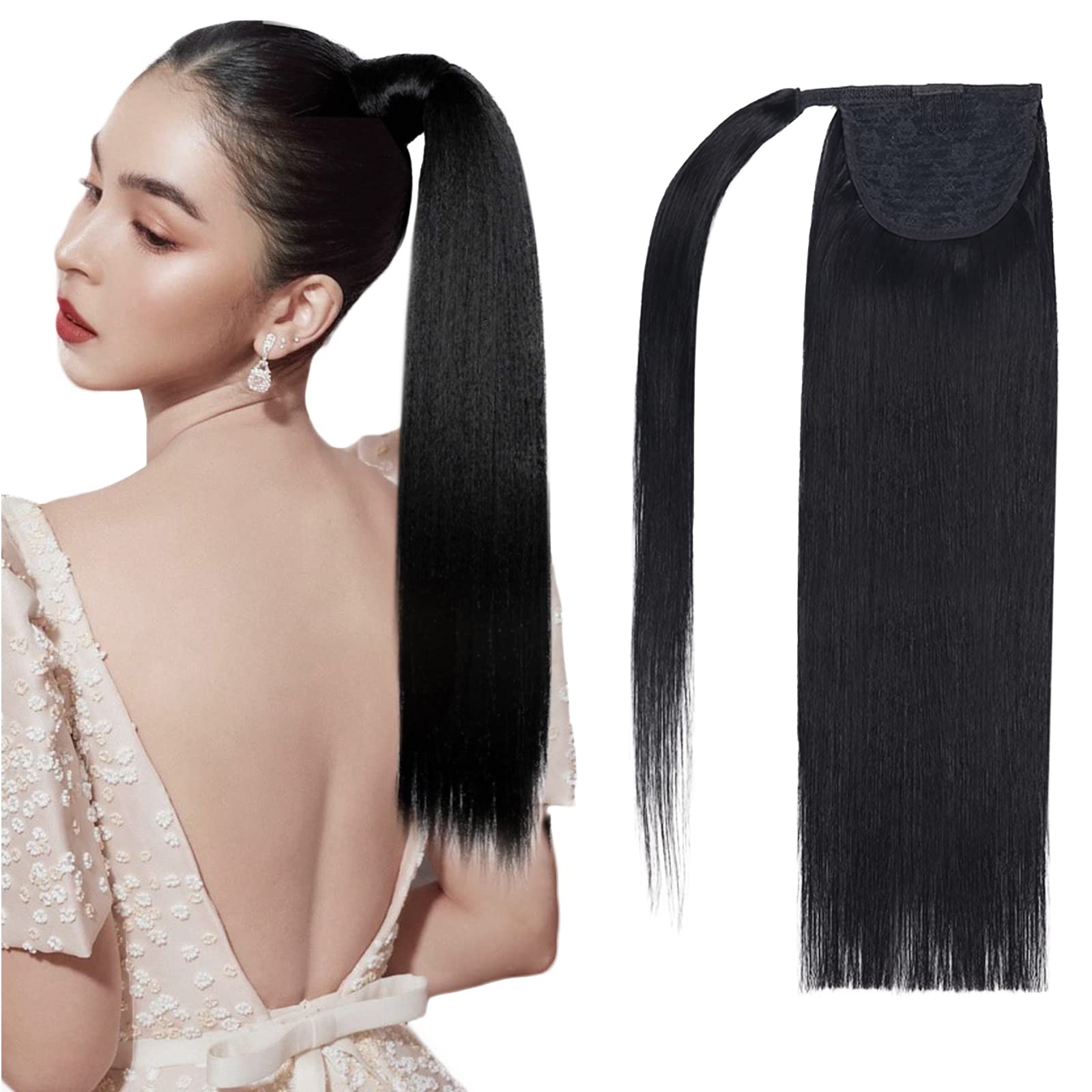 18Human Hair Ponytail Wrap Around Clip in Ponytail Hair Extensions for Women Jet Black(#1) 100g/3.5oz