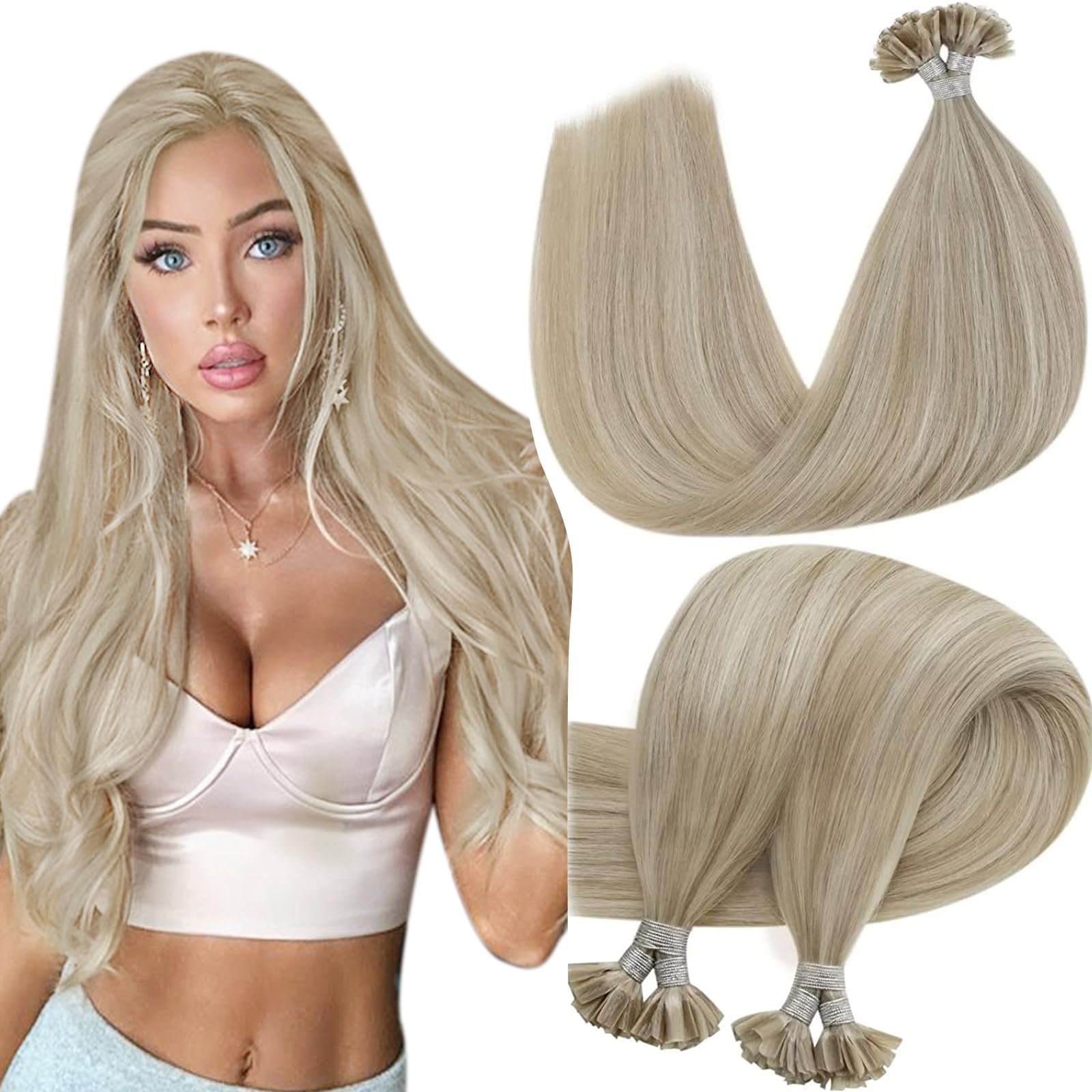 Hetto U Tip Hair Extensions Human Hair #18/613 Dark Ash Blonde Mixed Bleach Blonde K Tip Hair Extensions Real Human Hair Invisib