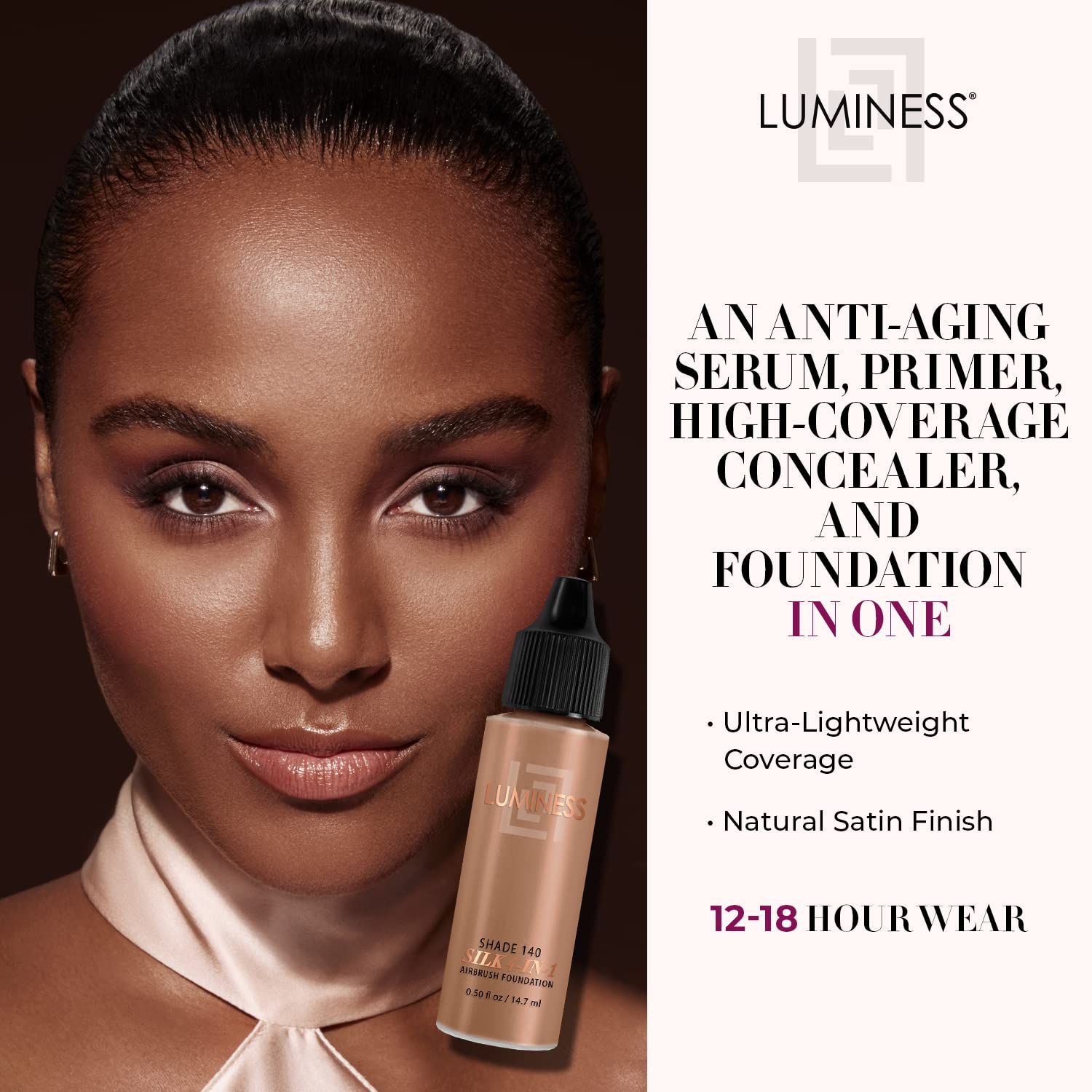 Luminess Air Silk 4-In-1 Airbrush Foundation- Foundation, Shade 140 (.5 Fl Oz) - Sheer to Medium Coverage - Anti-Aging Formula H