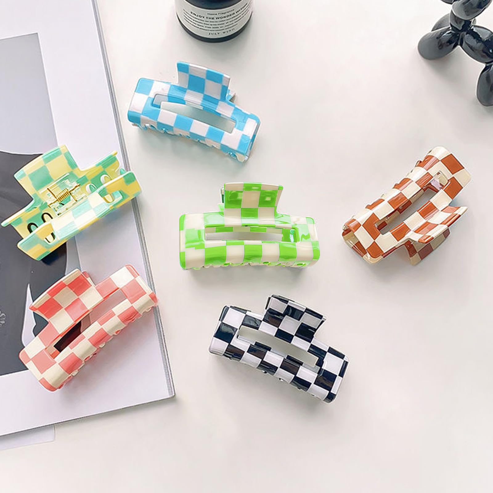 Paderison 2Pcs Checkered Rectangle Multicolored Claw Barrettes - Strong Hold Y2K Hair Accessories for Thin and Thick Hair (Purpl