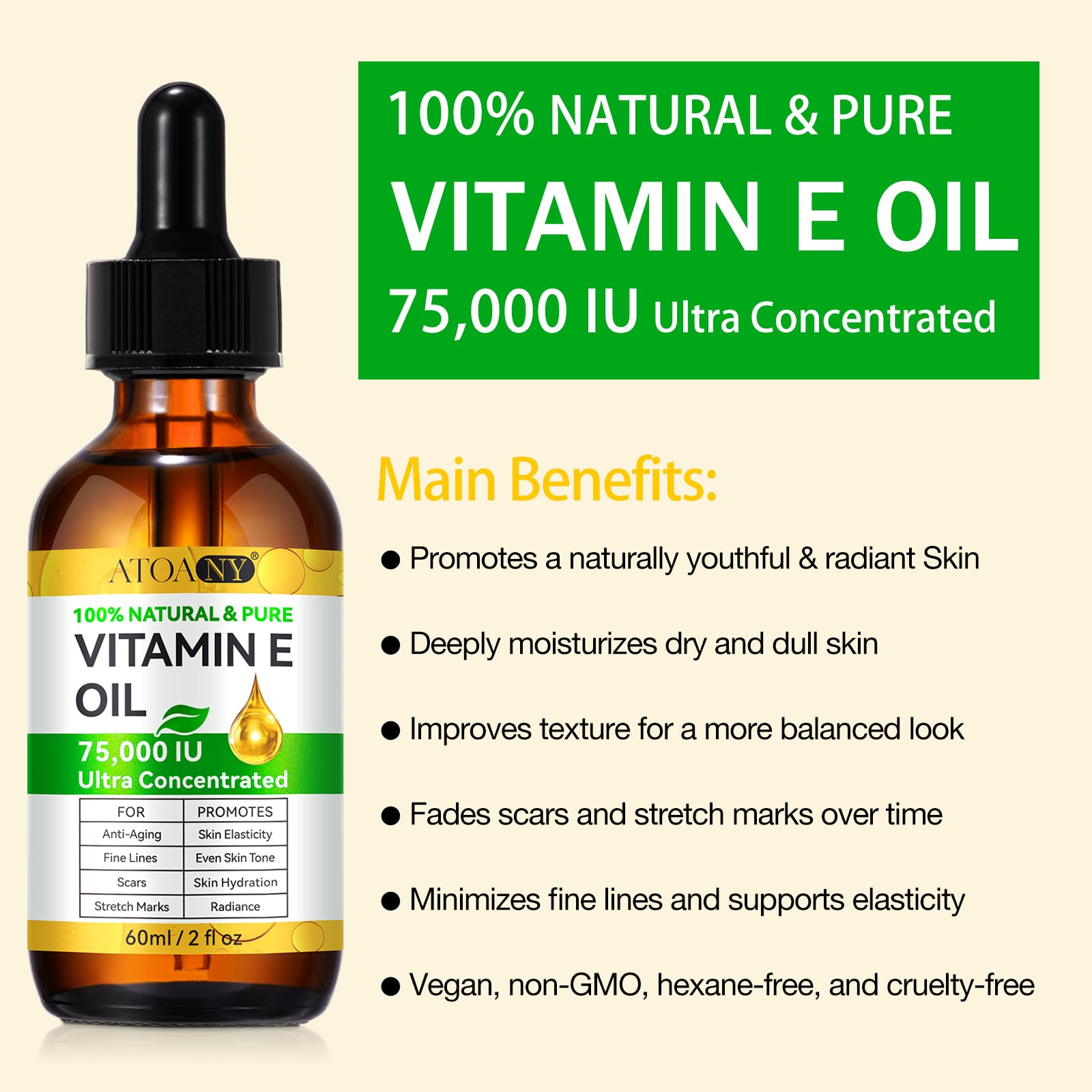 Vitamin E Oil, 75000 IU Ultra Concentrated - 100% Natural & Pure Vitamin E Oil for Face, Skin, Scars - Moisturizes Dry Skin & Re