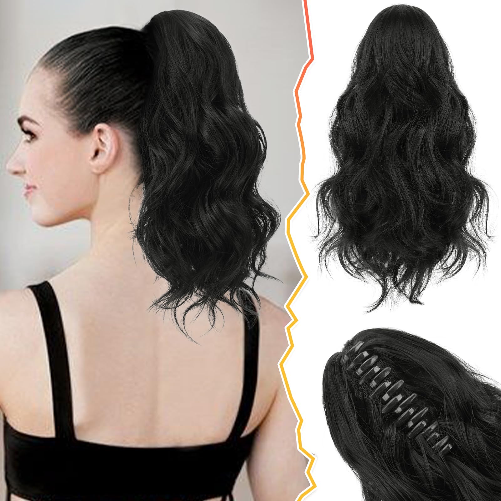 BARSDAR Black Ponytail Extension - Claw Clip Ponytail Hair Extensions for Women - 14 In Short Wavy Soft Synthetic Clip in Pony T