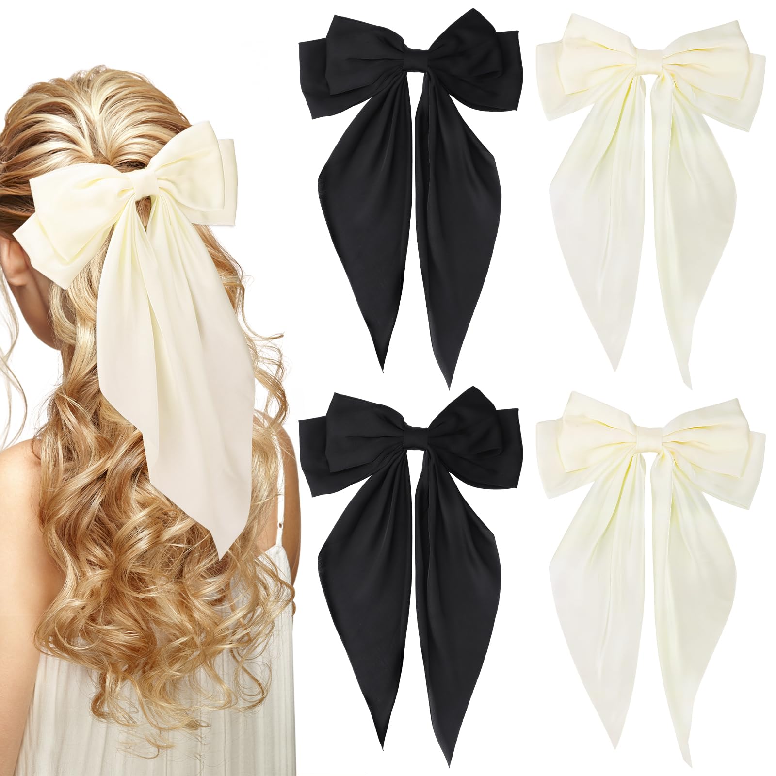 4Pcs Large Hair Bows, Satin Hair Bows for Women Hair Ribbons Oversized Long Tail Bowknot Clips Big Bows for Teen Girl Gifts Tren