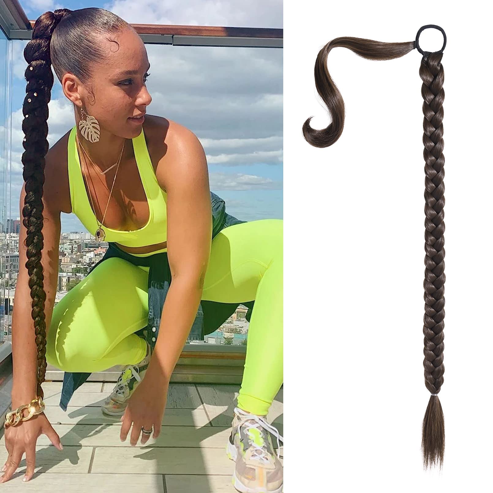 SEIKEA Upgraded Long Braid Ponytail Extension with Elastic Tie Straight Sleek Wrap Around Braid Hair Extensions Ponytail Dark Ch