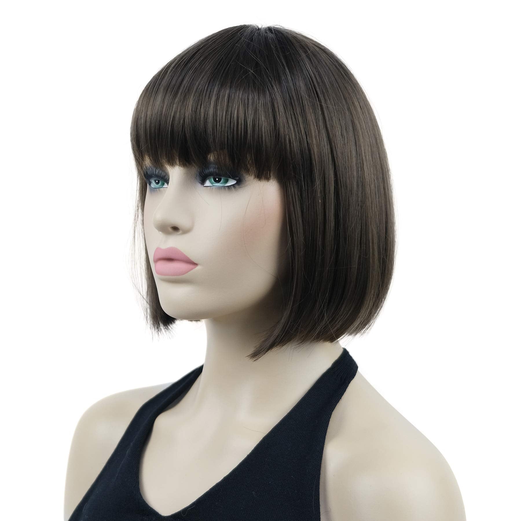Lydell 8'' Straight Short Bob Hair Flat Bangs Cute Central Dot Skin Top Heat Resistant Synthetic Wigs (8 Light Chestnut Brown)
