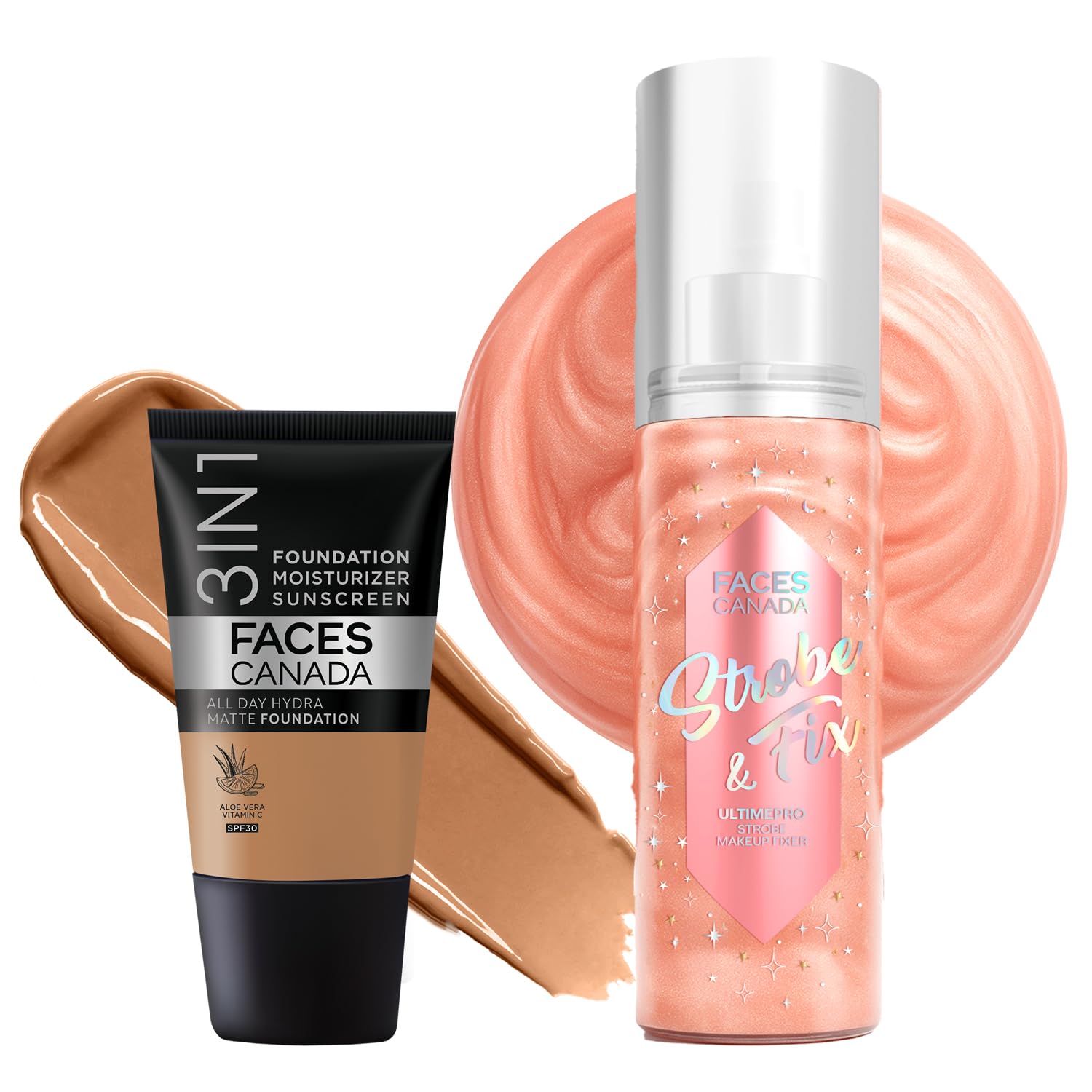 Faces Canada Cover & Fix Kit 5  Ultime Pro Strobe Makeup Fixer (50Ml) + Hydra Matte Foundation Mini  Warm Sand (18Ml) | Long L