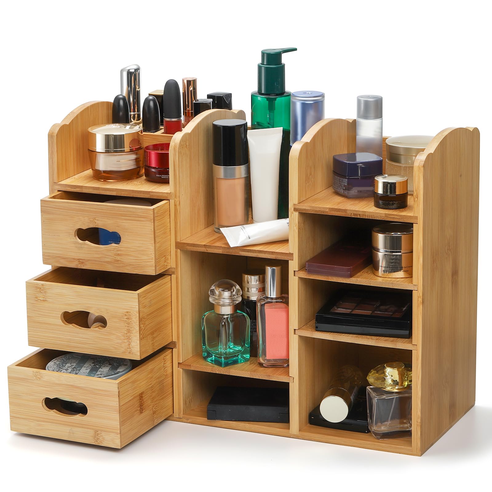 Coloch Bamboo Makeup Cosmetics Organizer with Drawers, Multifunctional Dresser Top Makeup Storage Tabletop Organizer Shelf for D