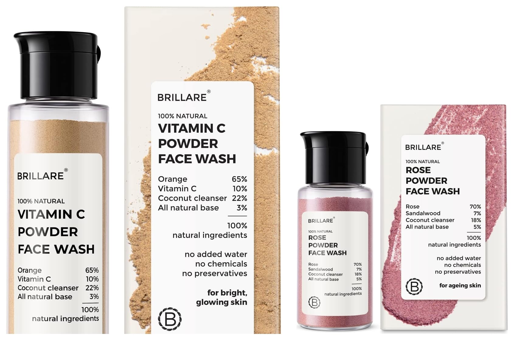 Brillare Vitamin C Face Wash| 30G & Brillare Rose Face Wash | Anti Ageing Skin | Sandalwood & Coconut Face Wash For Hydration| 1