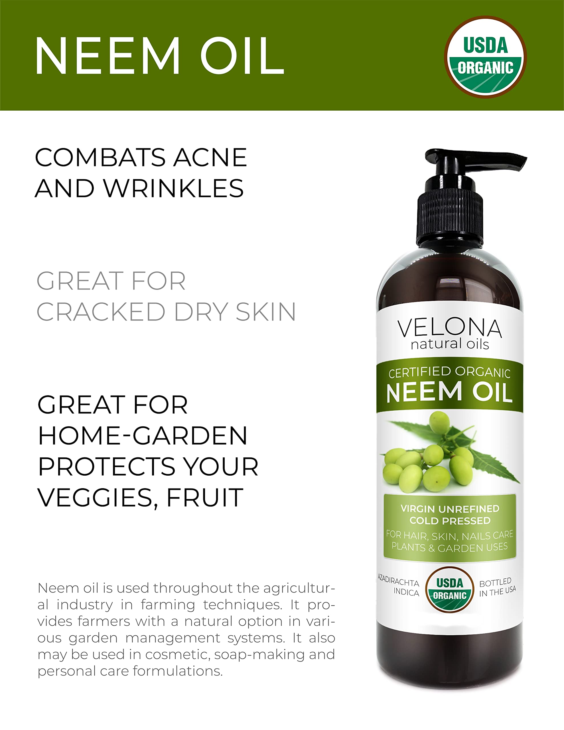 Velona Neem Oil Usda Certified Organic - 8 Fl Oz | 100% Pure And Natural Carrier Oil | Virgin, Unrefined, Cold Pressed | Hair, B
