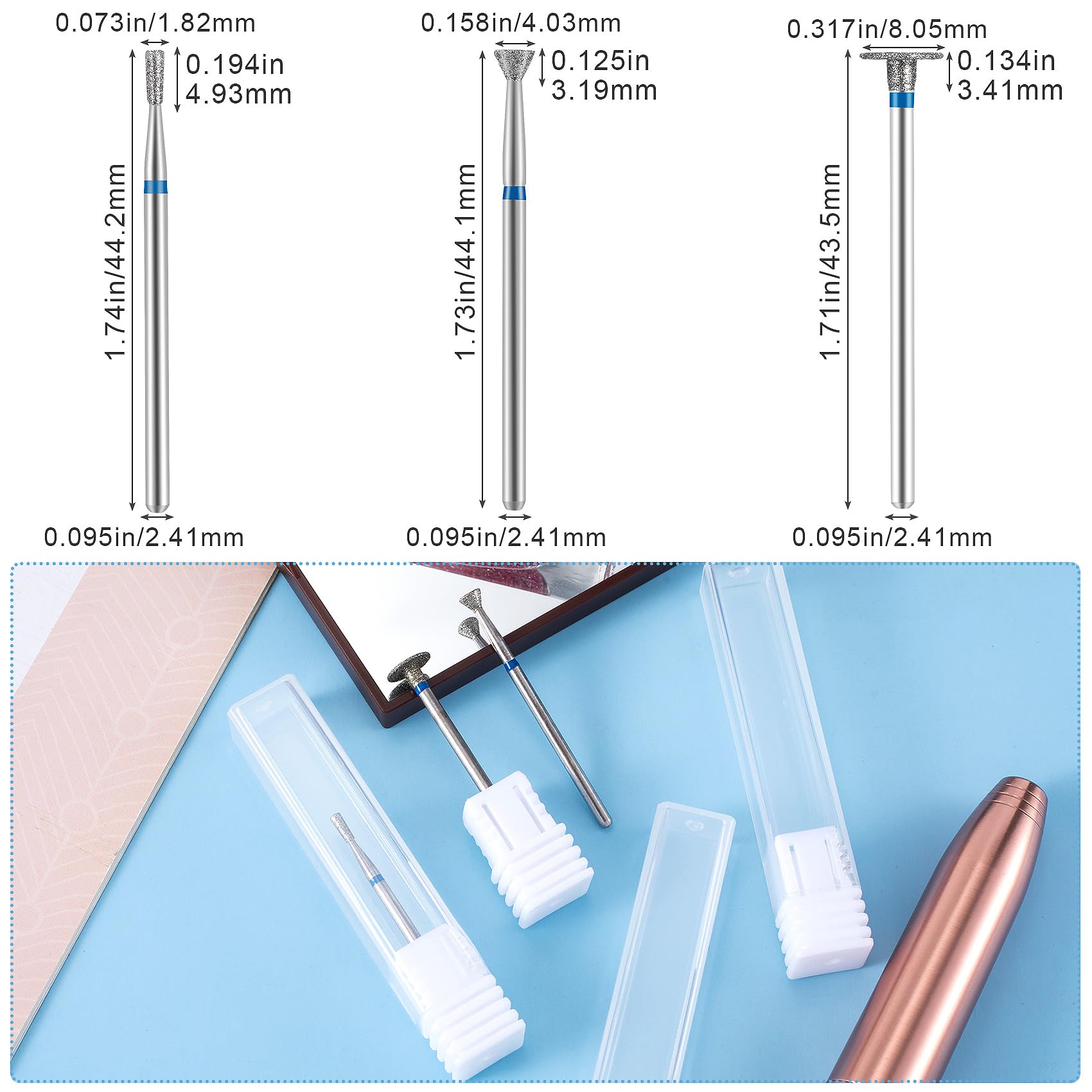 Oiiki 3Pcs Nail Drill Bits For Acrylic Nails, Diamond Nail Bits, Manicure Grinding Head Tools For Nail Art