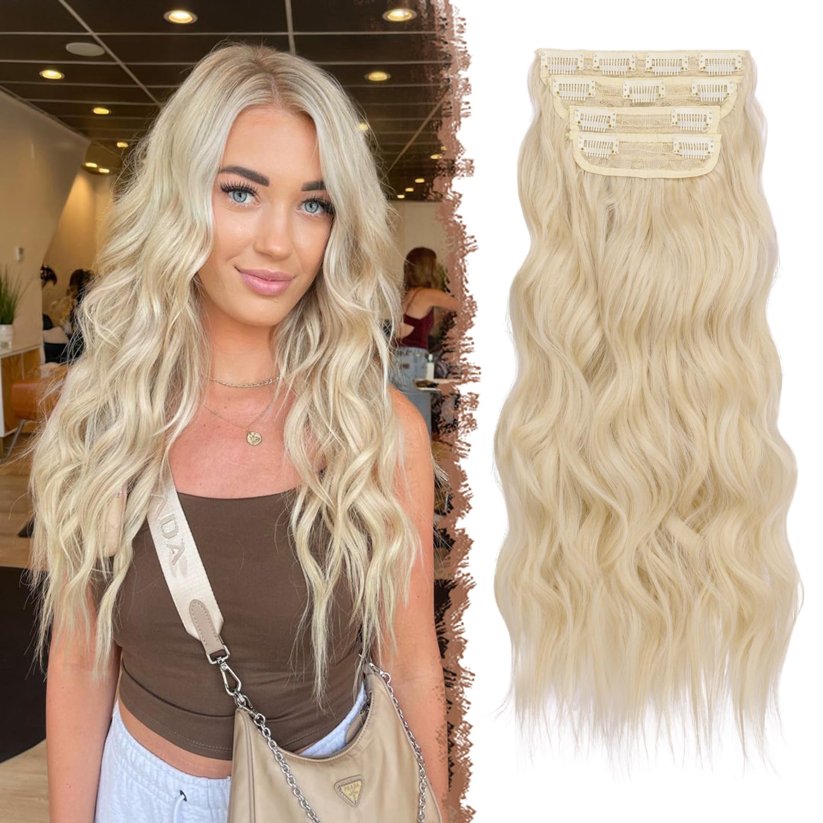 FESHFEN Clip in Hair Extensions 4 PCS Platinum Blonde Thick Highlighted Hairpieces Long Wavy Clip in Hair Piece Full Head Synthe