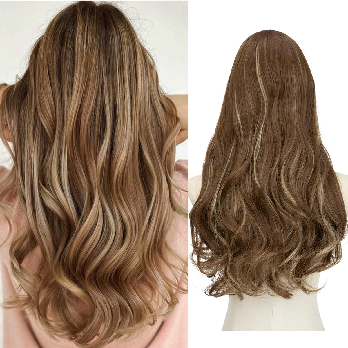SARLA Clip in U Part Hair Extensions Synthetic Long Wavy Curly Thick Full Head Hairpiece for Women Brunette/Ash Blonde Highlight
