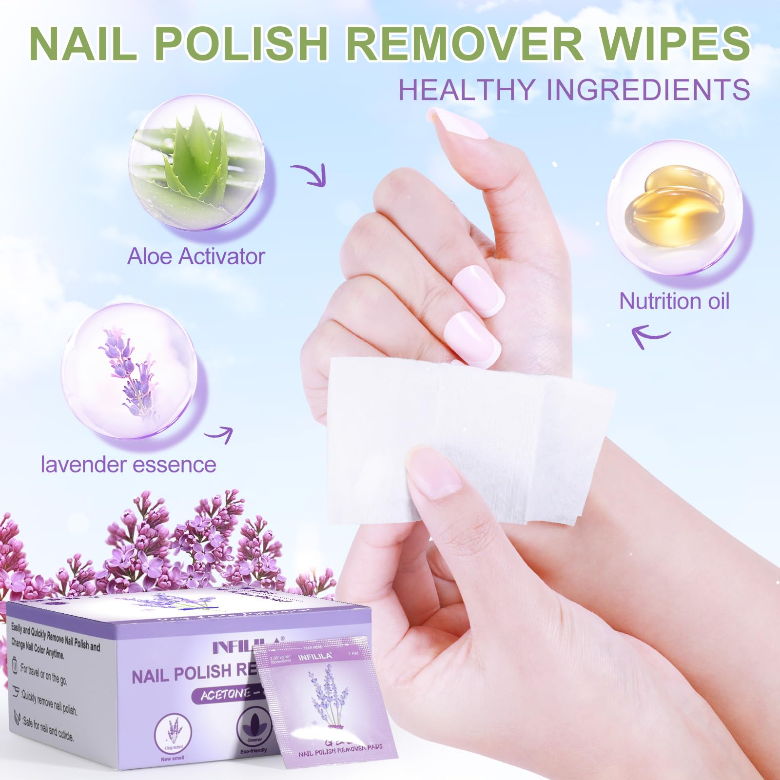Nxj Infilila Nail Polish Remover Pads, Nail Polish Remover Wipes, 100Pcs Individually Wrapped Bulk Set Fingernail Travel Polish