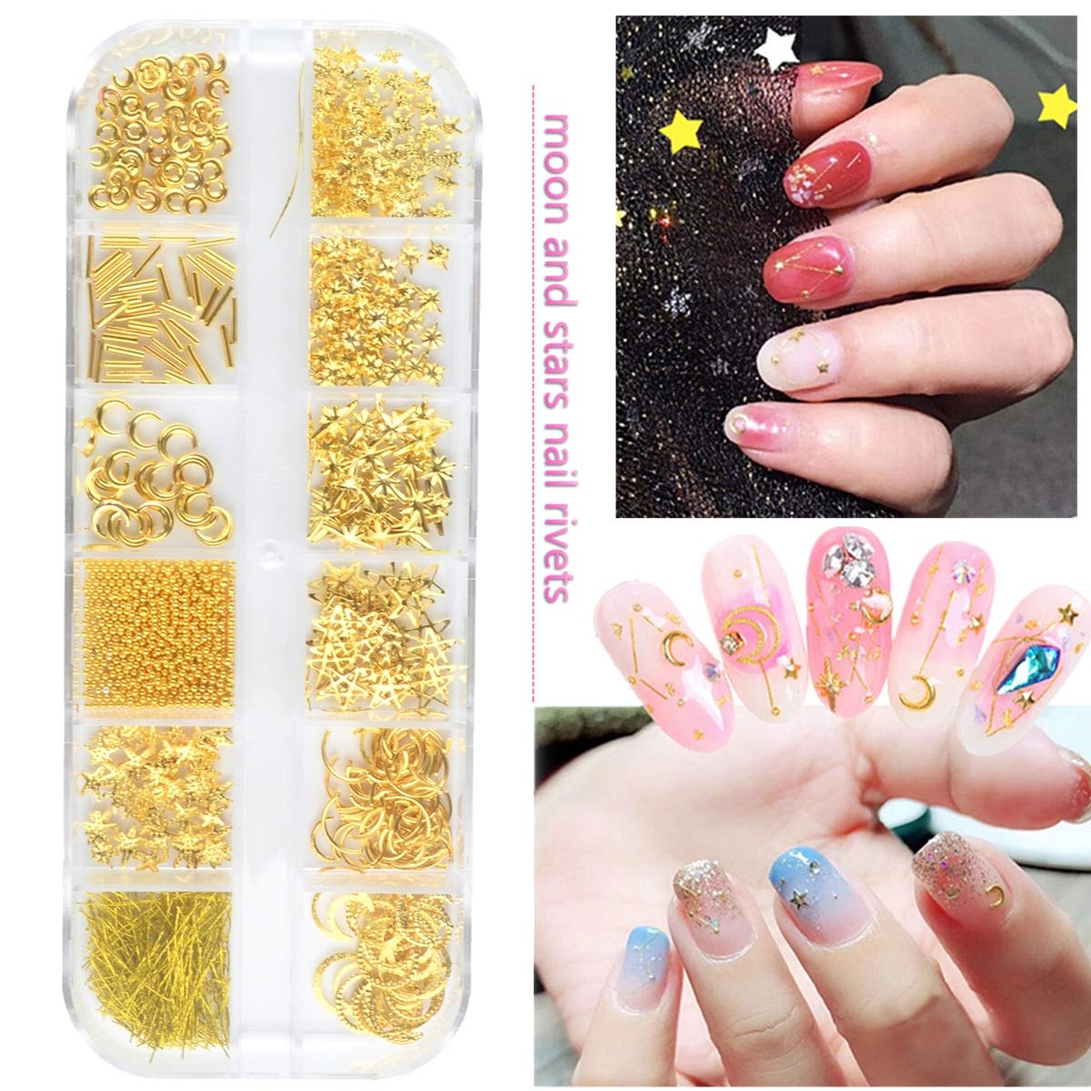 Edittime 5 Boxes Gold & Silver Metal Nail 3D Punk Studs Star Moon Heart Triangle Square Rivet Gems Nail Art Jewels With A Curved