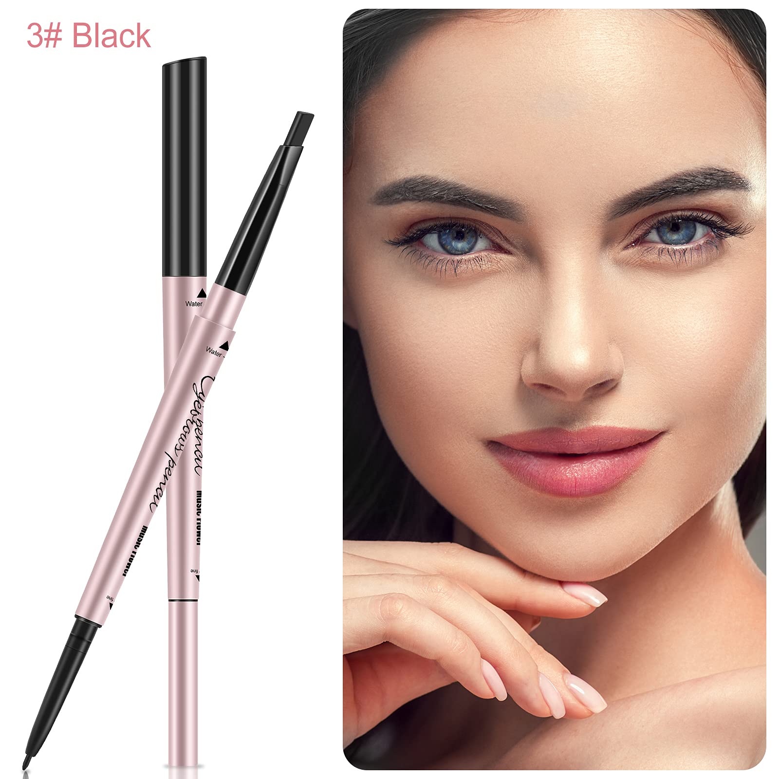 Eyebrow Pencils 2-Pack, Professional Brow Pencil Dual Tips Retractable Waterproof Natural Eye Brows Makeup, Black