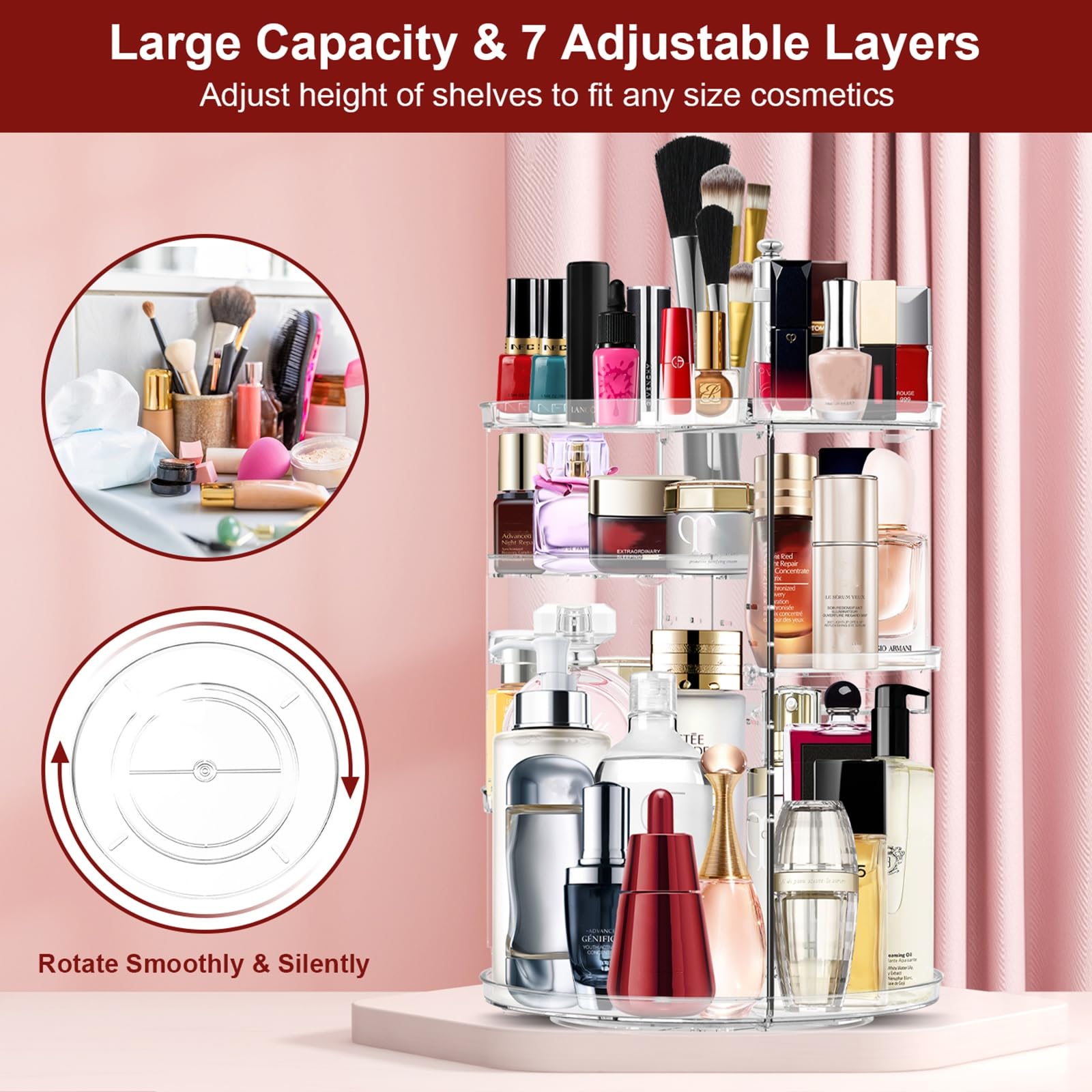 Makeup Organizer 360 Rotating Cosmetic Organizer Diy Adjustable Makeup Carousel Spinning Holder Rack, Large Capacity Cosmetic St