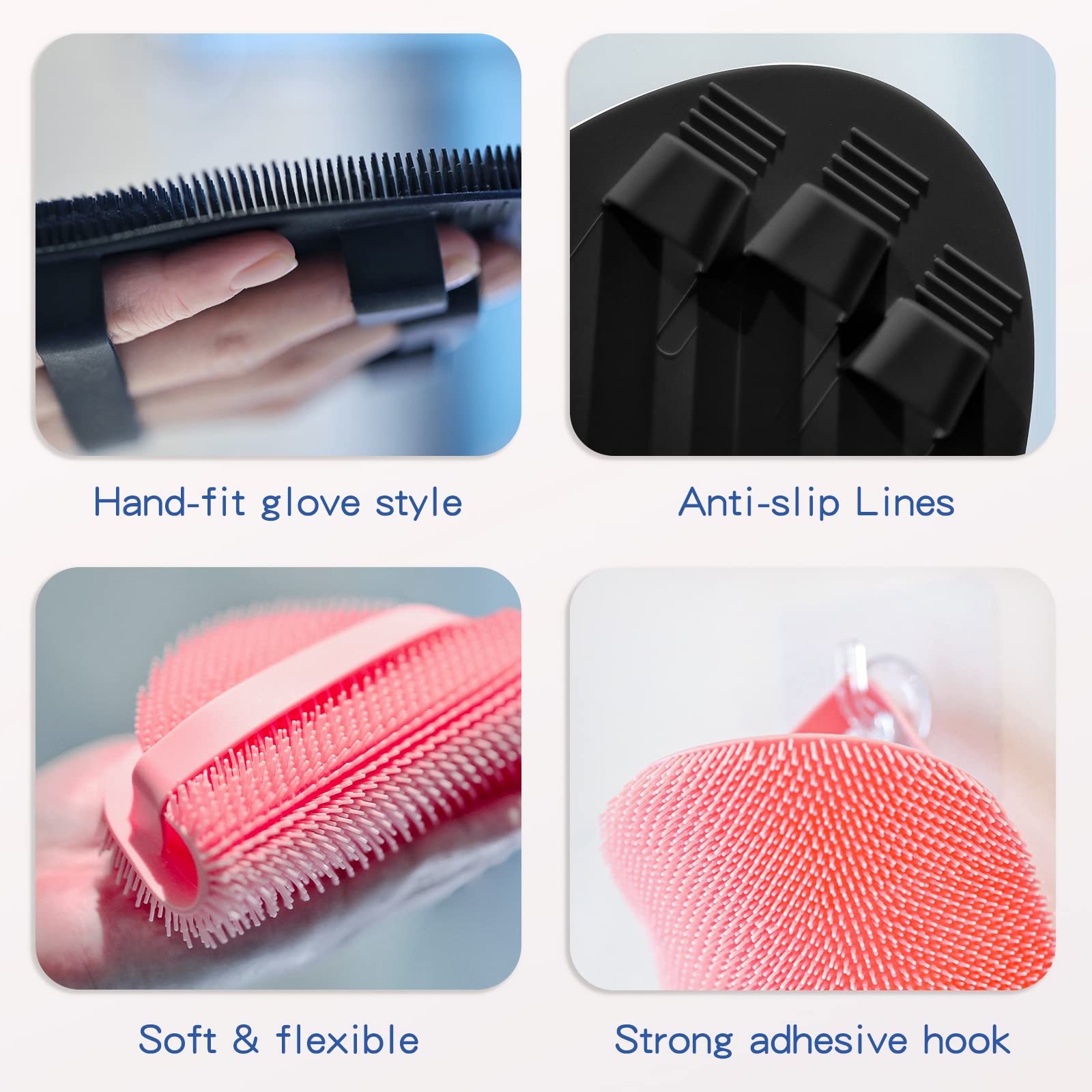 Manmihealth Silicone Back Scrubber(Thick Bristles) & Soft Bath Glove Set, Super-Exfoliating Body Scrubber & Super-Lathering Show