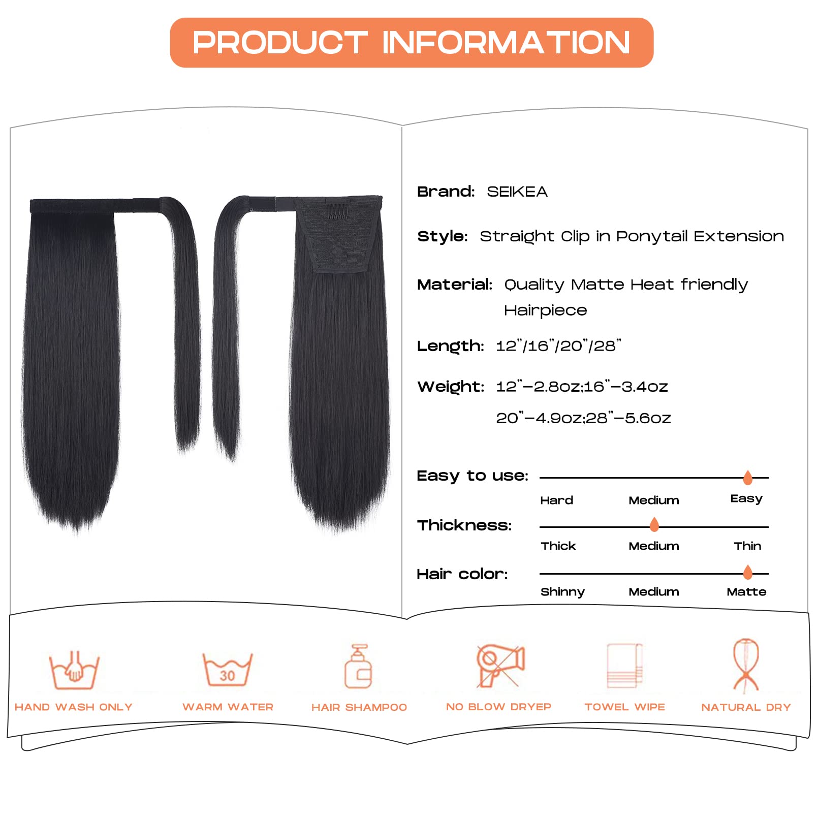 SEIKEA Clip in Ponytail Extension Wrap Around Straight Hair for Women (16 ' ', Black)