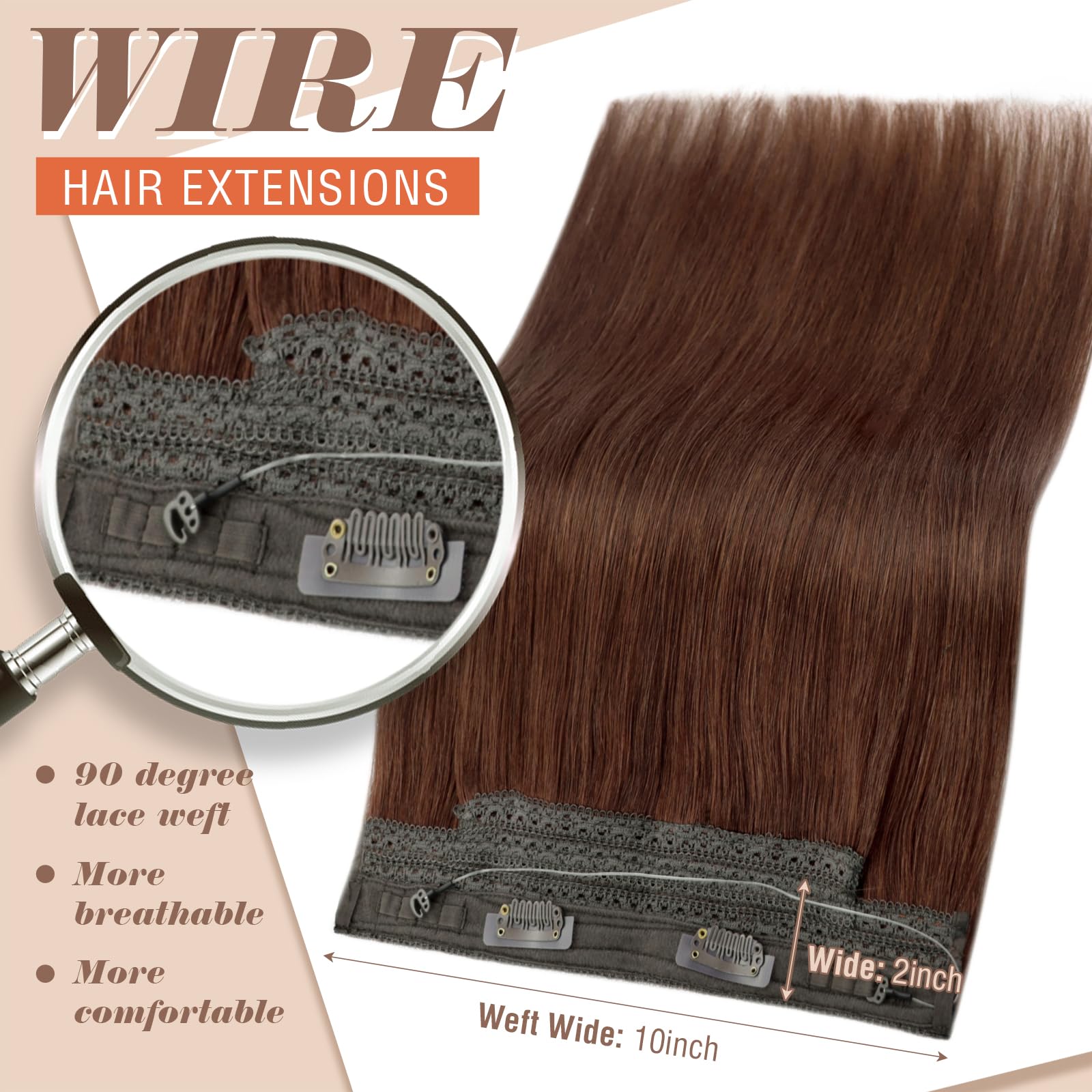 Sunny Wire Hair Extensions Real Human Hair Fish Line Human Hair Extensions Invisible Wire Extensions Auburn Red #33 18 Inch
