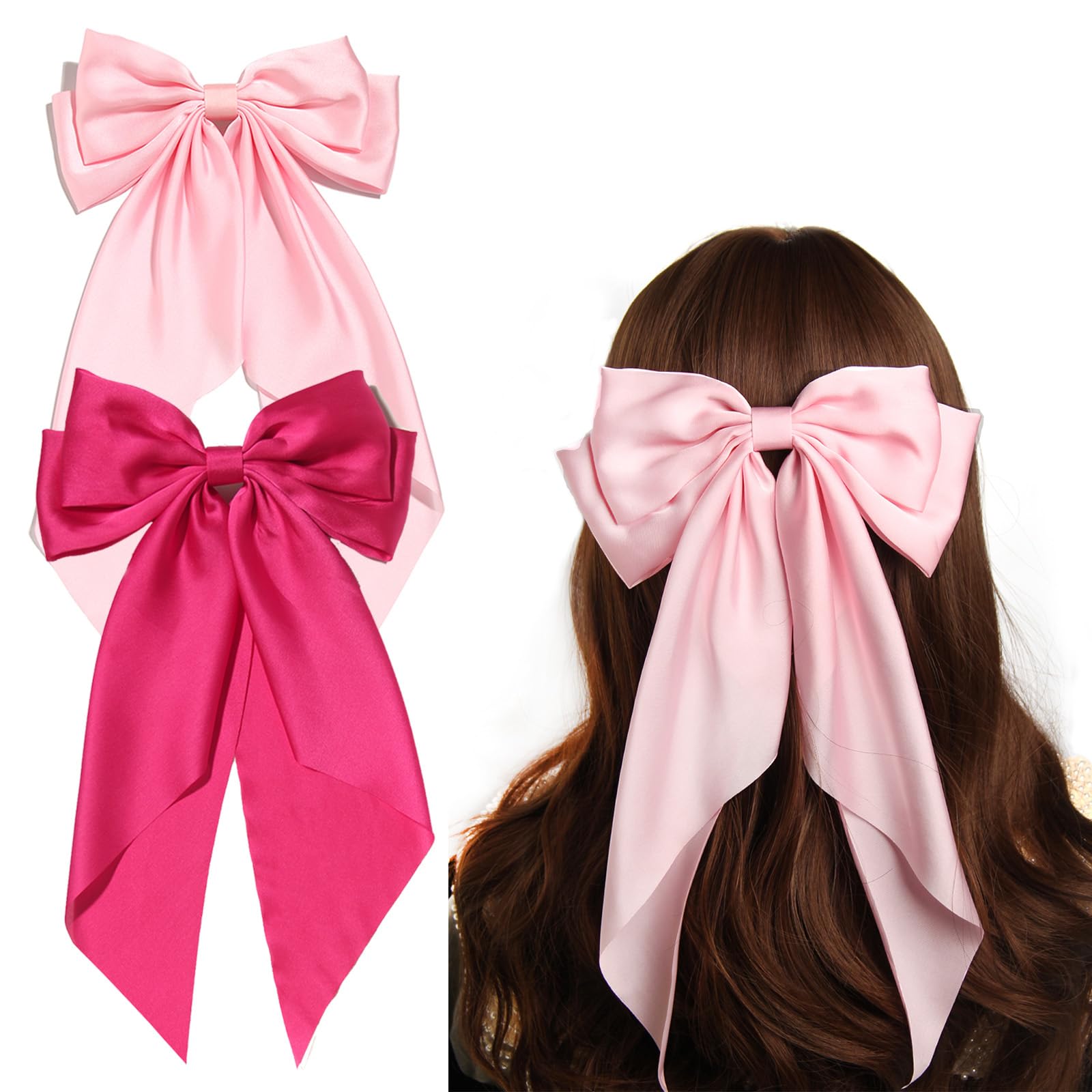 SUSULU Pink Hair Bows for Women, 2pcs Big Hair Bows Long-Tail Pink Ribbon Bows Hot Pink Hair Bows Accessories Hair Barrettes Par