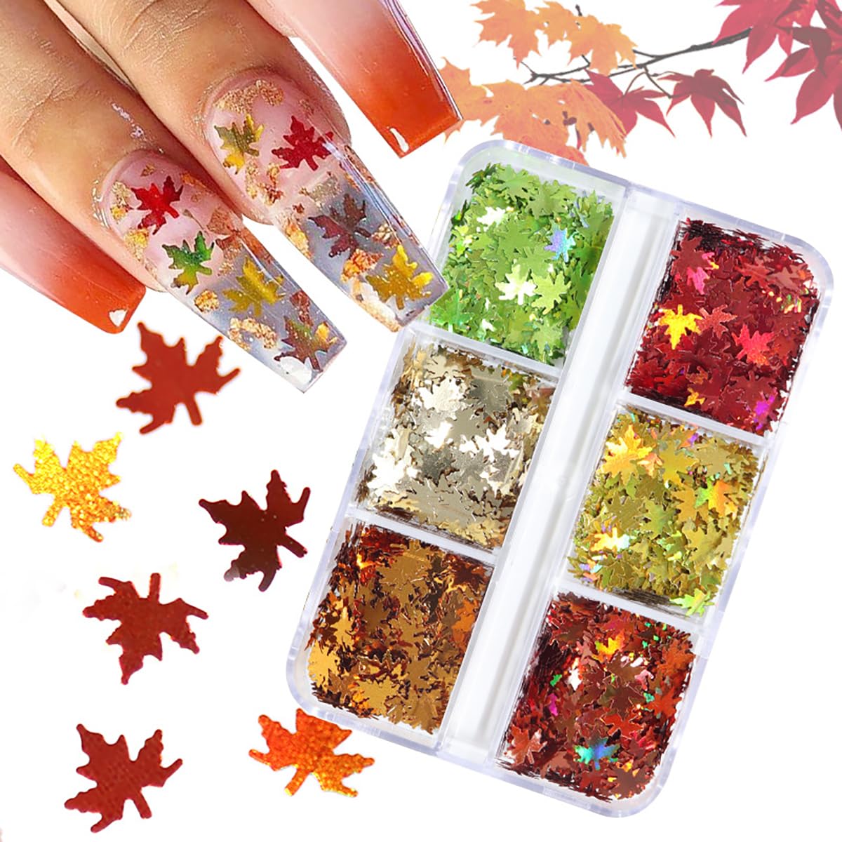 Maple Leaf Nail Art Glitter Sequins 3D Fall Leaves Nail Sequins Autumn Maple Leaves Glitter Nail Flakes Holographic Confetti 6 C