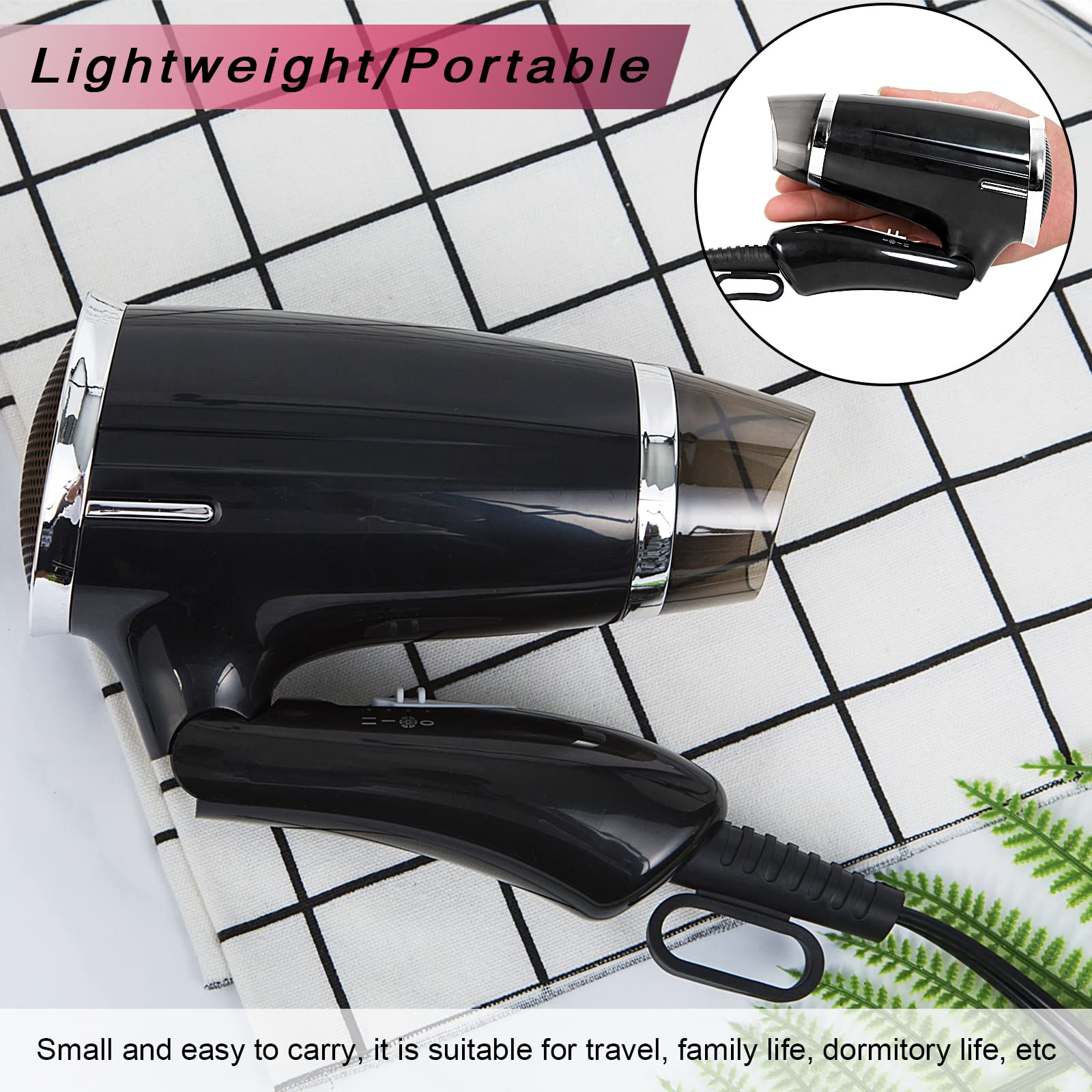 Juisee Folding Hair Dryer, Compact Blow Dryer - Portable Professional Hair Dryer With 3 Heat Settings, Low Noise, Tourmaline Cer