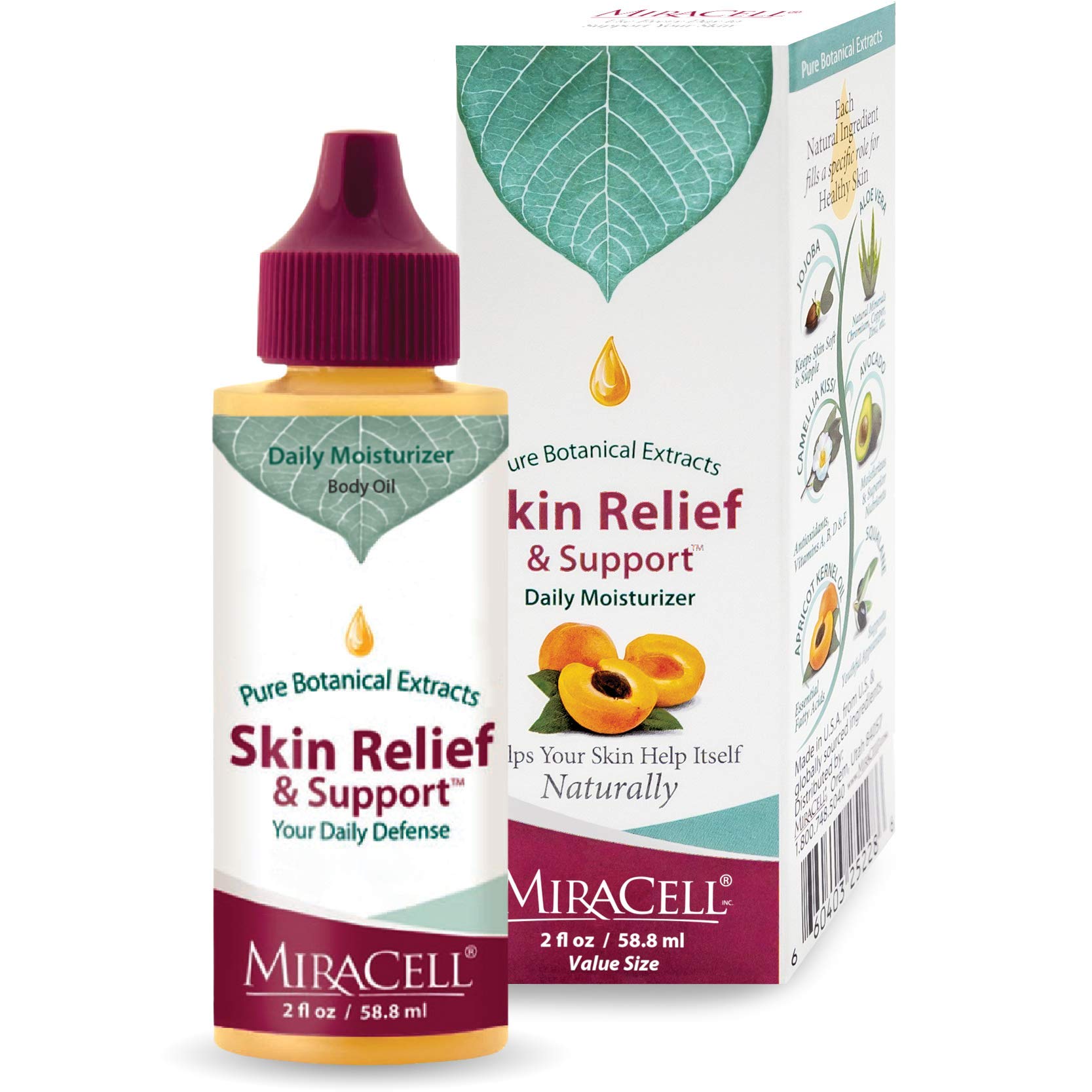 Miracell Skin Relief and Support, Apricot Kernel Oil, Coconut Oil, Sesame Oil Jojoba Oil, Avocado Oil, Camellia oil, Rosehip oil