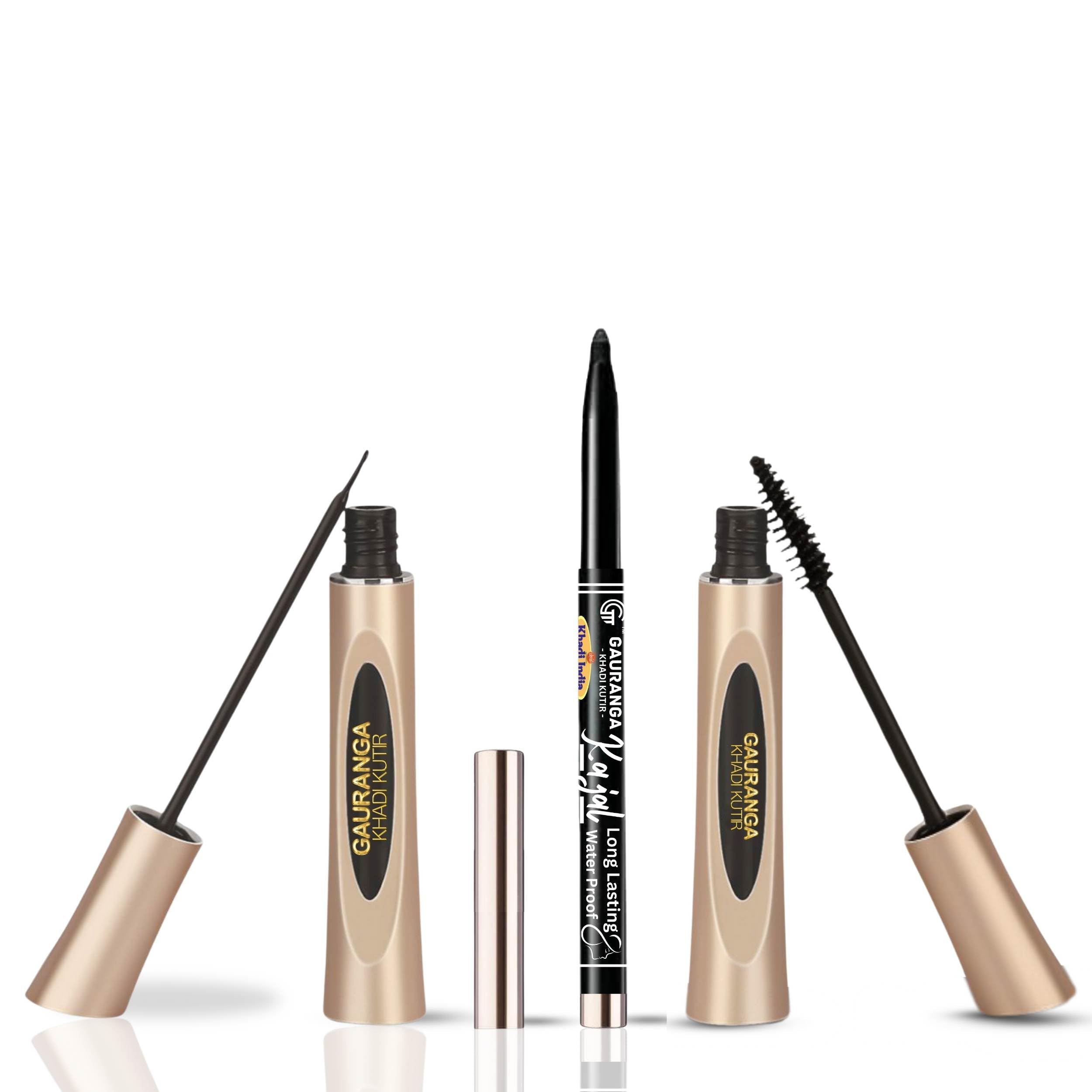 Gauranga Khadi Eyeliner, Herbal Kajal & Mascara  Waterproof Liquid | FlexiTip Applicator  Black, Almond Oil And Vitamin E Hyd
