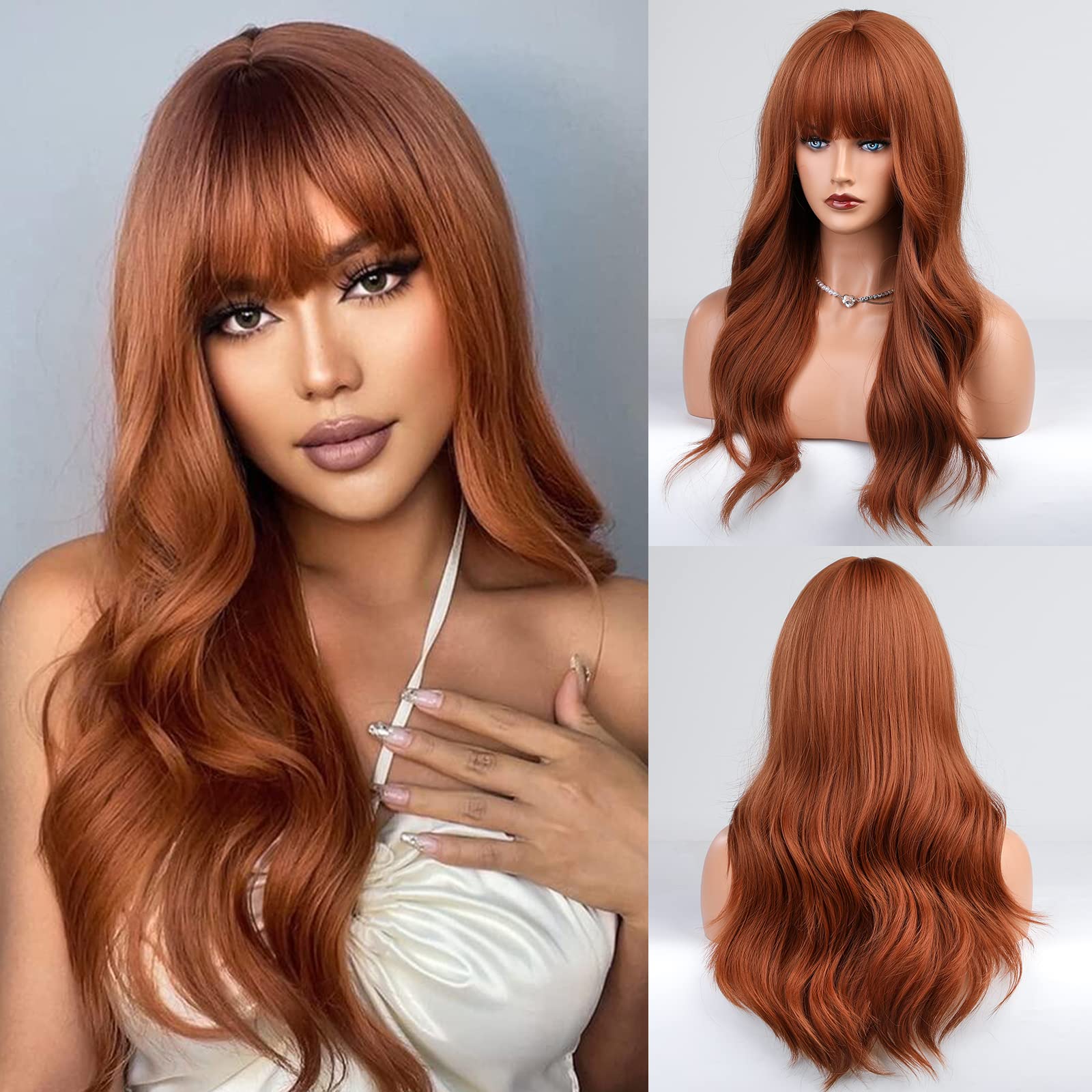 HAIRCUBE Auburn Wig with Bangs Long Curly Orange Wigs for Women,Natural Synthetic Wigs Heat Resistant Fibre Wig for Daily Use (p