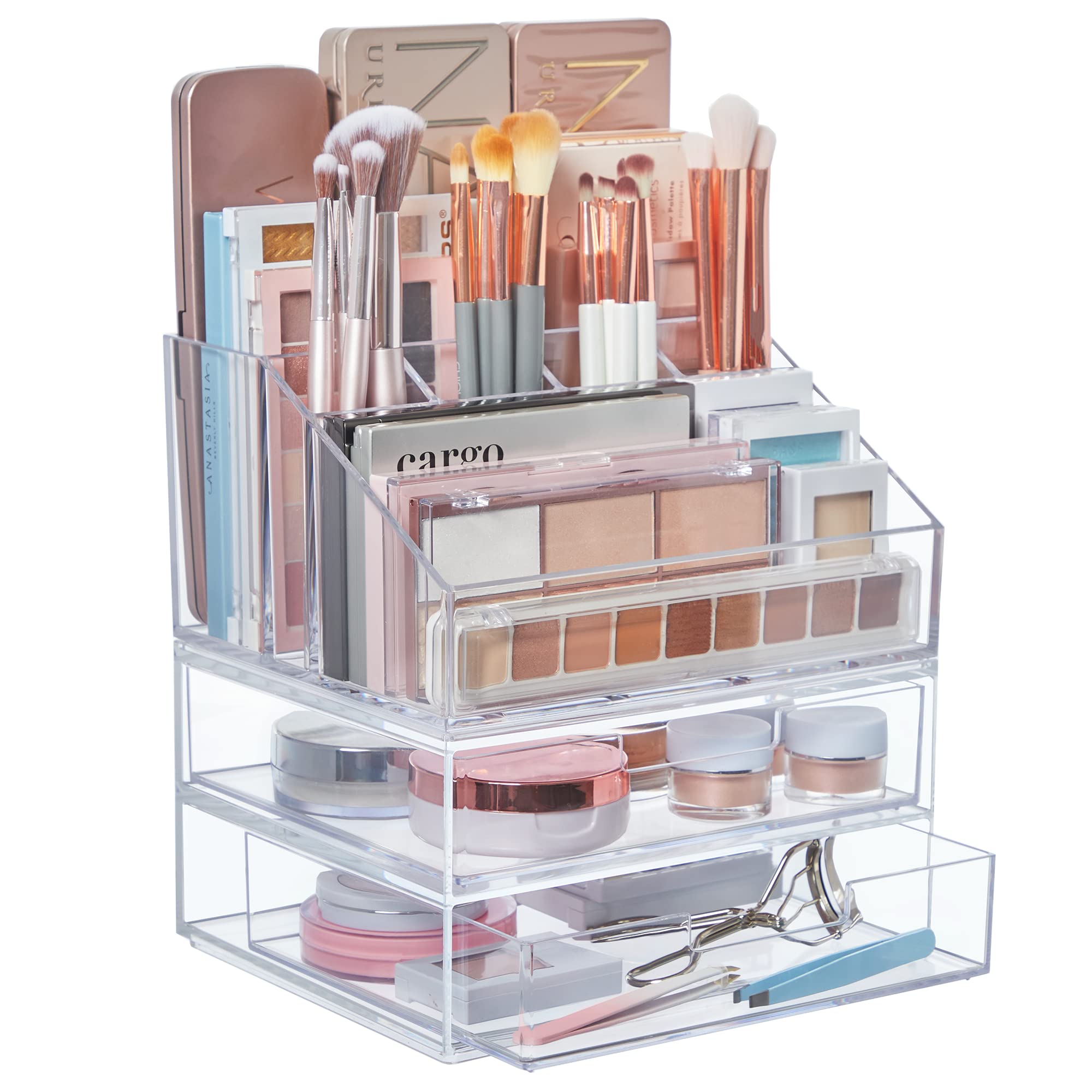 Stori Chloe Stackable Clear Makeup Holder And Double Organizer Drawer Set  Organize Cosmetics And Beauty Supplies  Made In Usa