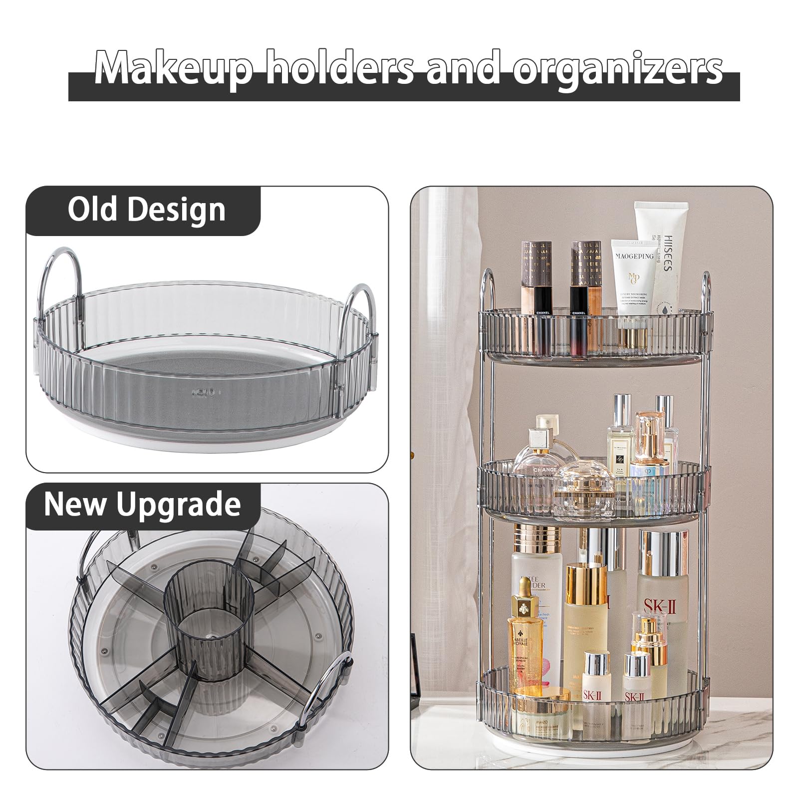 Shuang Qing 360 Rotating Makeup Organizer, High-Capacity Bathroom Countertop Vanity Organizers, 3 Tier Spinning Skincare Storage