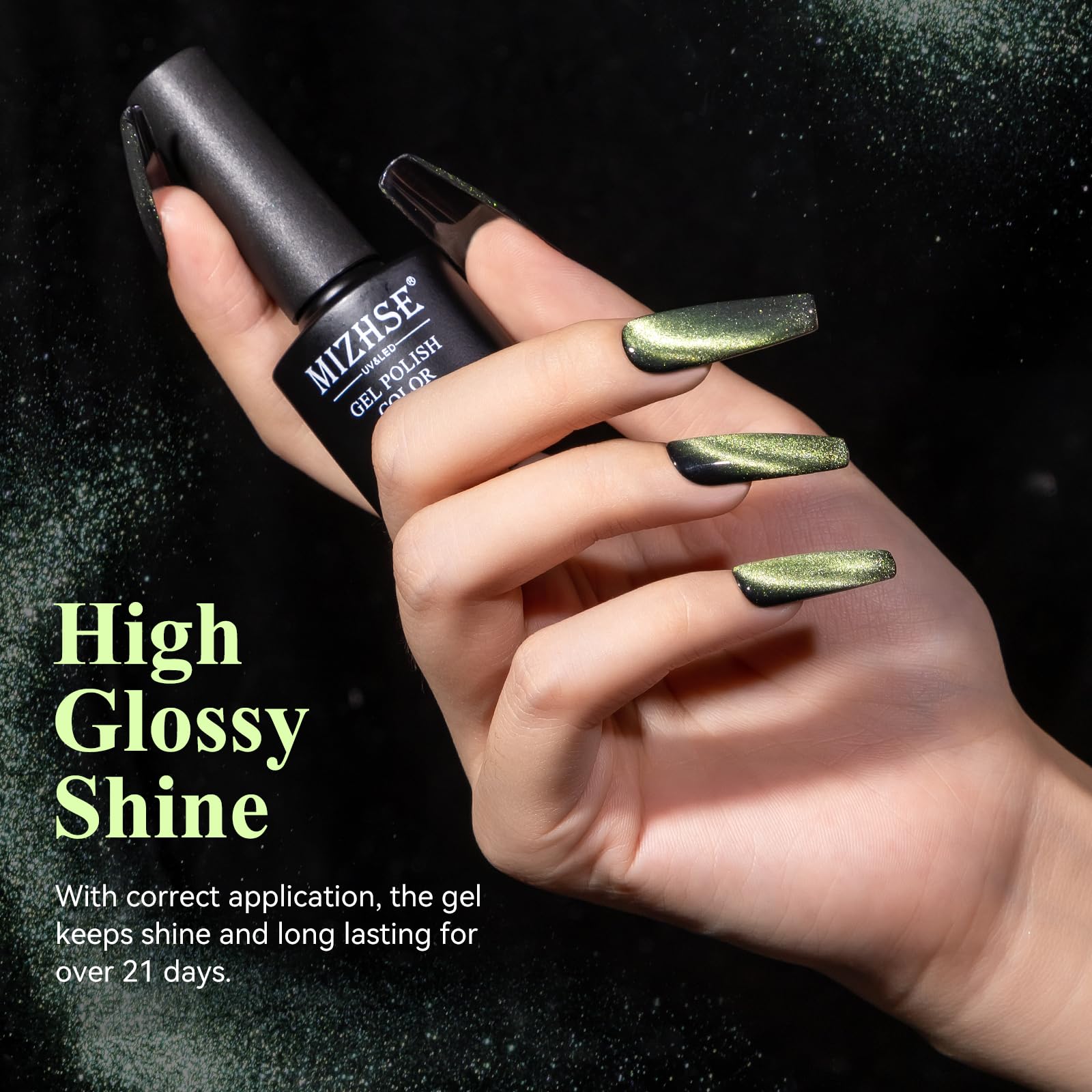 Mizhse 9D Cat Eye Gel Nail Polish, Light Green Magnetic Gel Polish With Magnet Stick, Magic Galaxy Effect Holographic Glitter Si