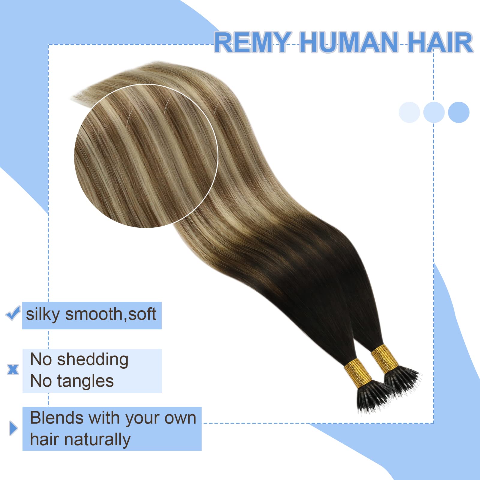 Youngsee Nano Hair Extensions Human Hair Ombre Brown Nano Beads Hair Extensions Balayage Dark Brown To Medium Brown With Blonde
