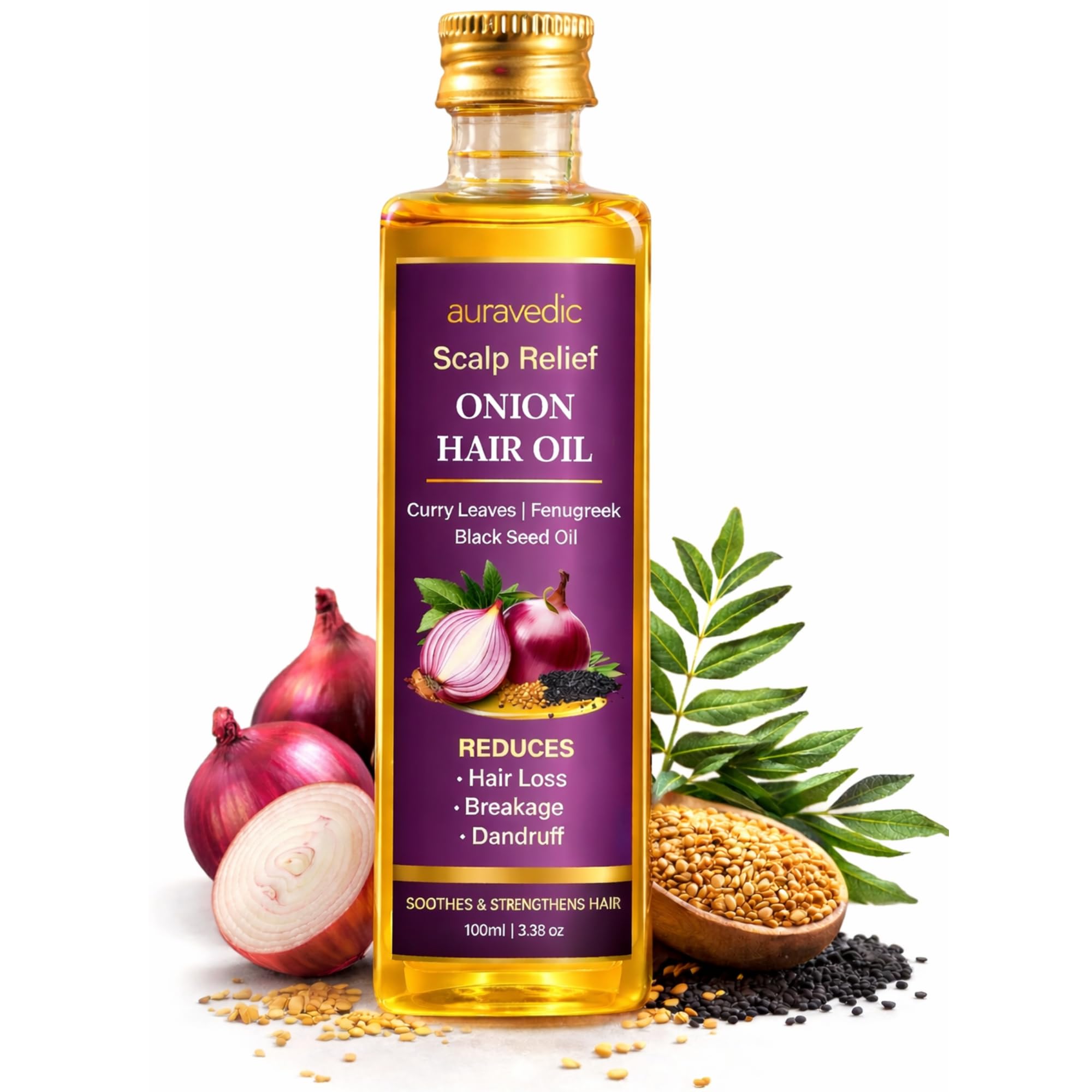 Auravedic Onion Hair Oil for Healthy Scalp & Stronger Hair, 3.38 Fl Oz