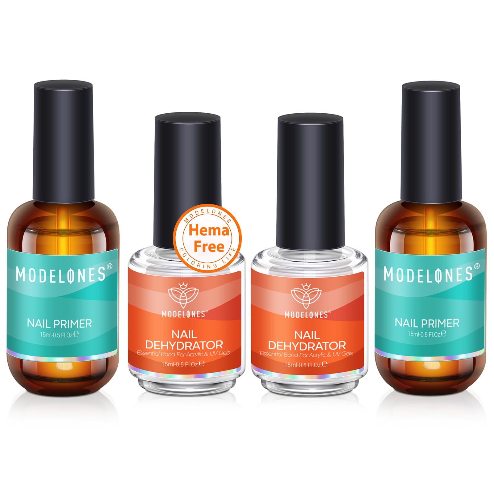 Modelones 4Pcs Nail Dehydrator and Primer, Acid Free Natural Nail Prep Dehydrate &amp; Bond Primer, Bonding Primer for Acrylic P