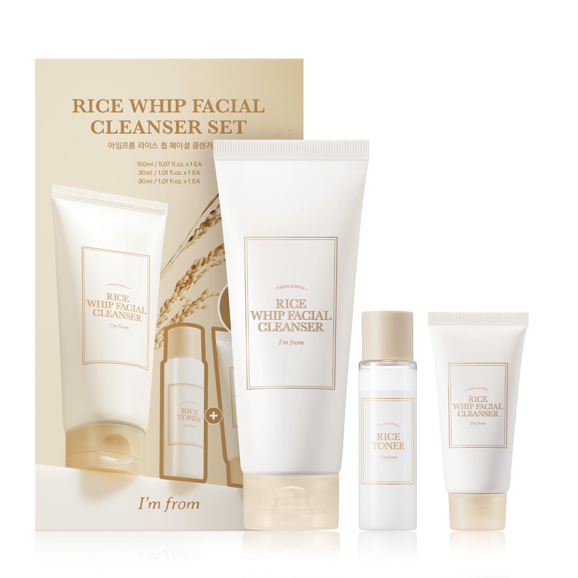 I'M From Rice Whip Facial Cleanser Set, 3 Pcs Gift, Travel Kit With Rice Face Wash 5.07 Fl Oz & 1.01 Fl Oz & Rice Toner 1.01 Fl