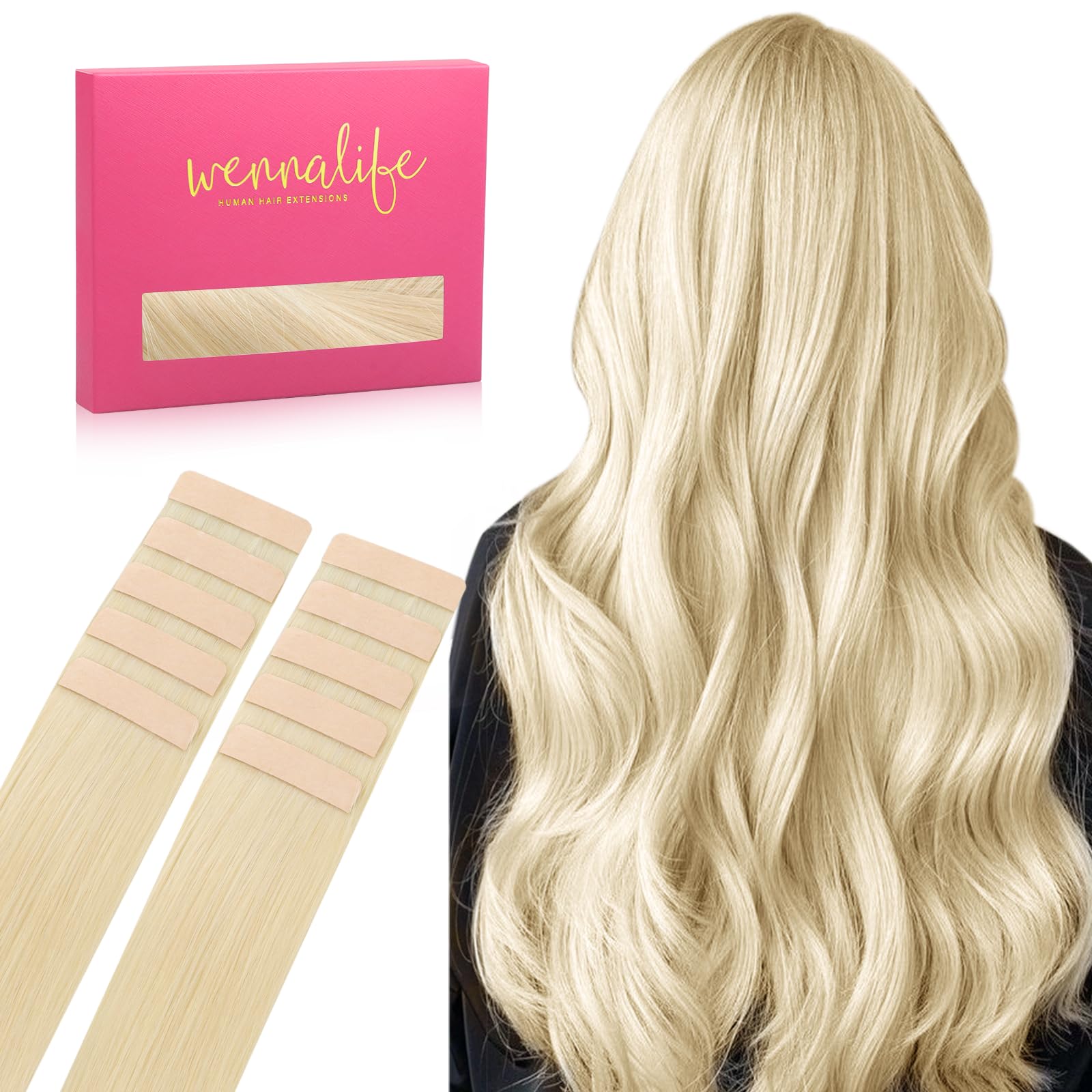 Wennalife Tape In Hair Extensions Human Hair Platinum Blonde Tape In Extensions, 10Pcs 25G 14 Inch Remy Invisible Tape Ins Strai