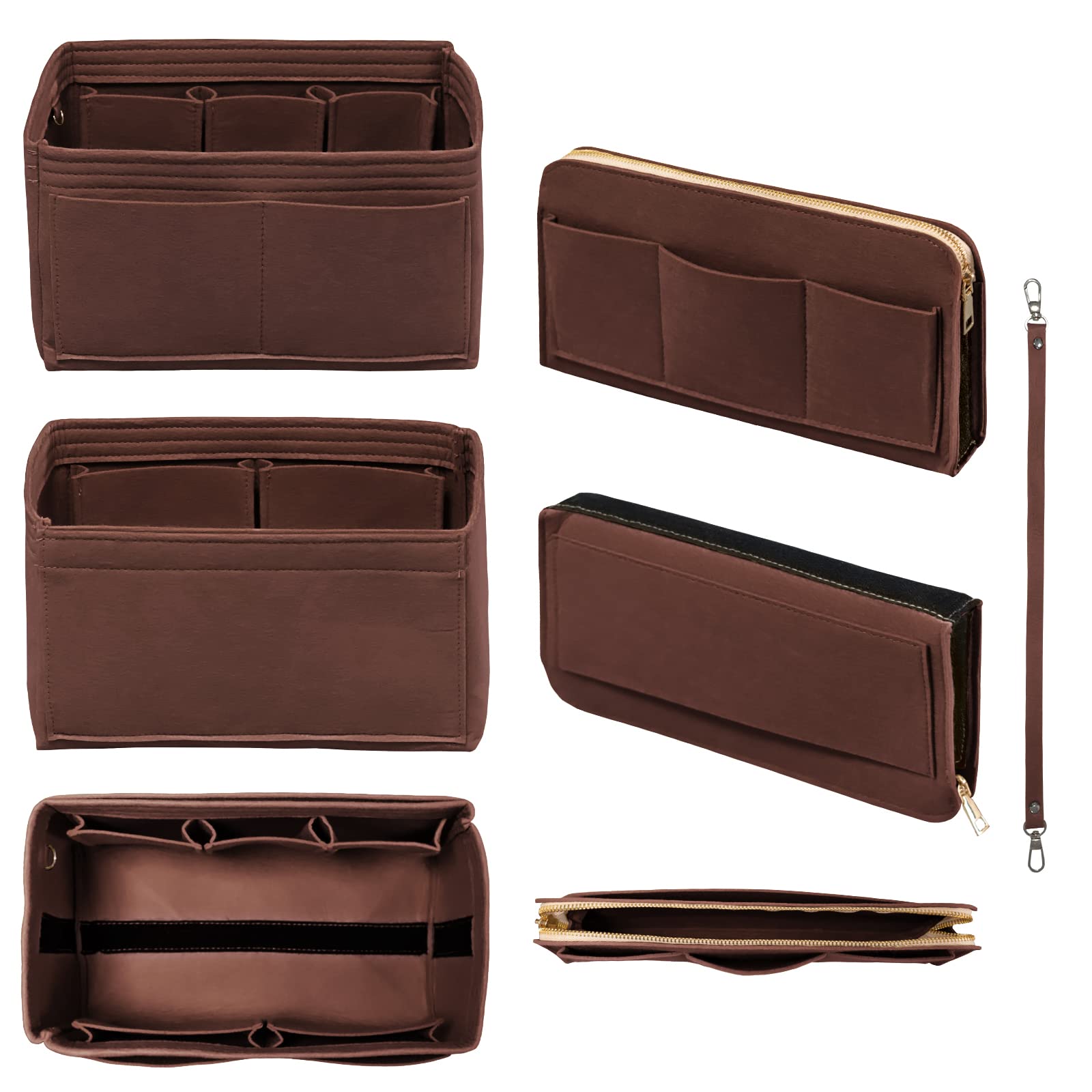 DailyPlus Felt Bag Organizer Insert with Zipper and Key Chain for Tote Purse - Brown Small