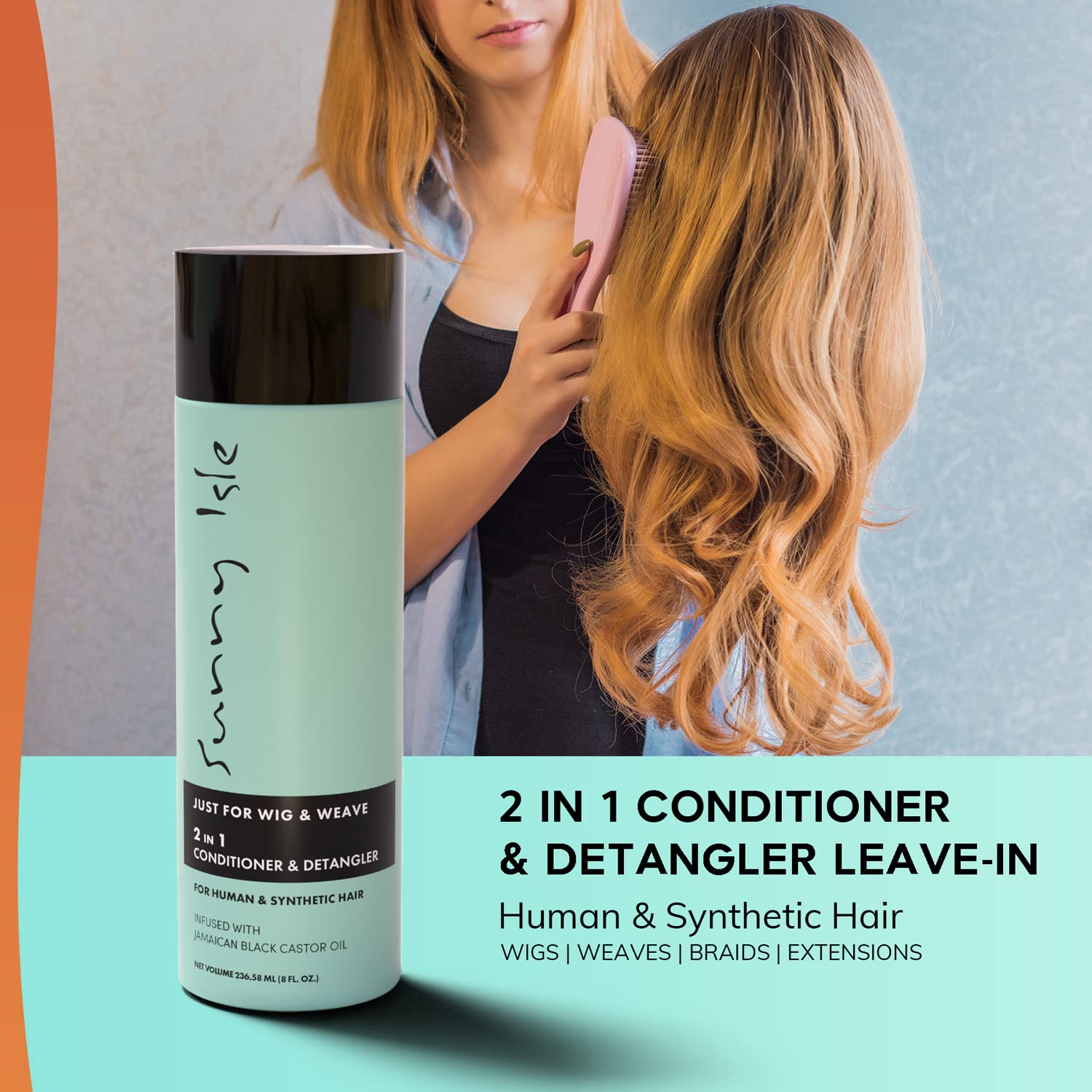 Sunny Isle Just for Wig, Weave, Braid, & Extensions 2N1 Conditioner and Detangler 8oz | For Synthetic & Natural Hair | Aloe Vera