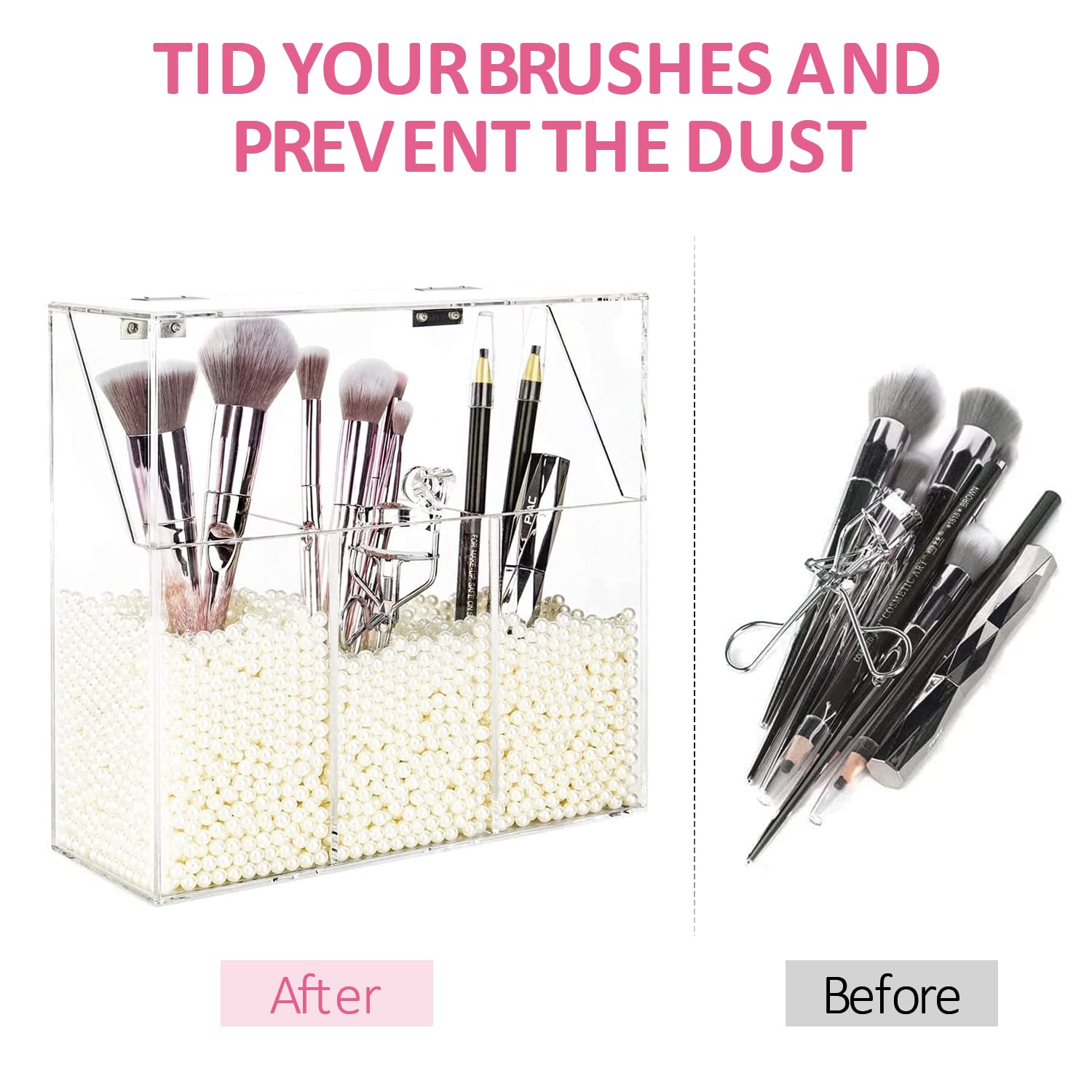 Yestbuy Clear Makeup Brush Holder, Acrylic Makeup Brush Organizer For Vanity, Cosmetic Brush Storage Box With Pearls, For Bathro