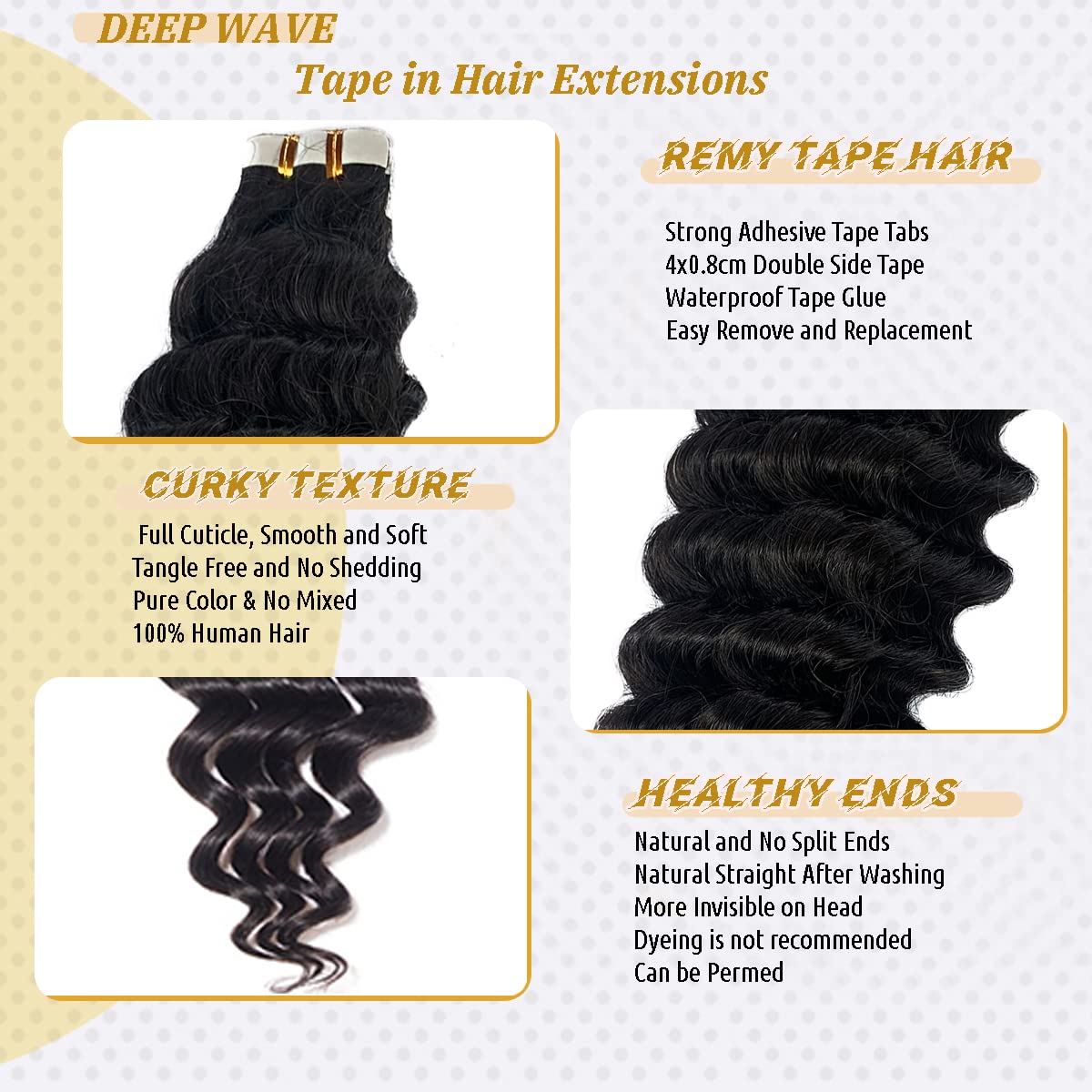 Tape In Hair Extensions Human Hair For Black Women,16Inch Deep Wave Tape In Extensions 9A Brazilian Virgin Hair Curly Wave Tape