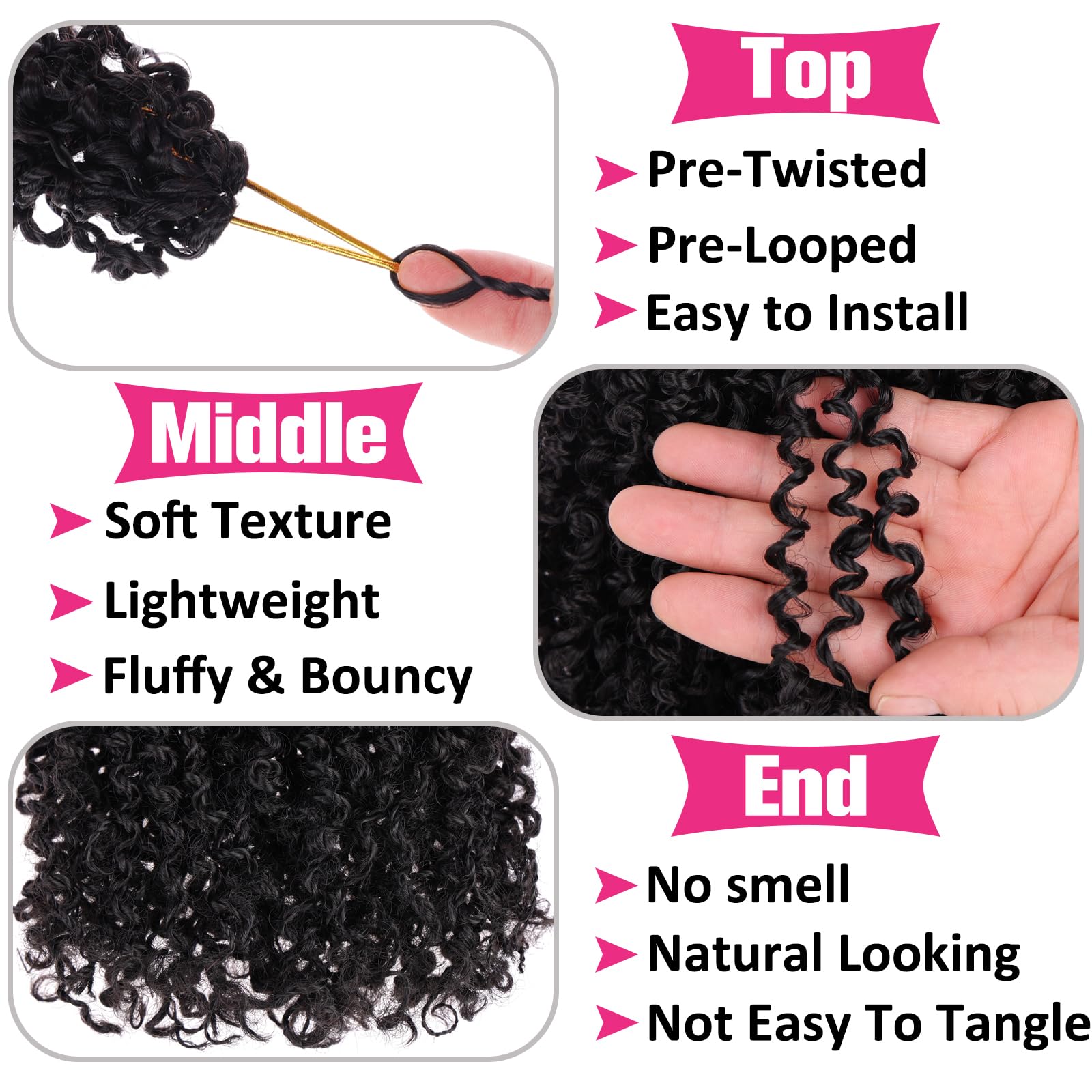 Unionbeauty 8 Packs Pre-looped Yanky Twist Crochet Braids Hair 8 Inch 30 Strands/PCS Natural Black Pre-twisted Passion Twist Boh