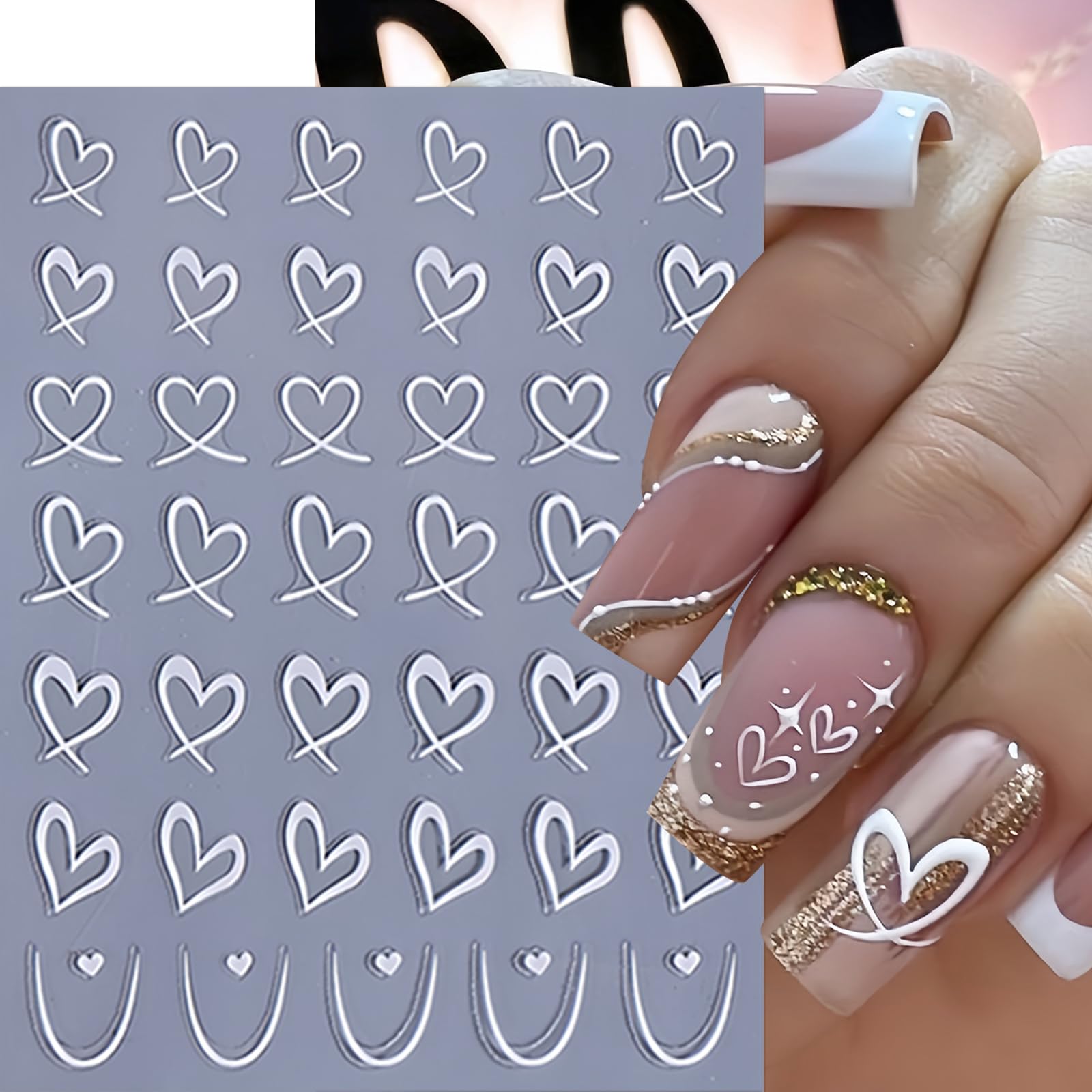 6 Sheets Valentine'S Day Heart Nail Stickers For Nail Art 3D Self Adhesive Blue Pink Heart Nail Art Stickers Black White Pink Lo