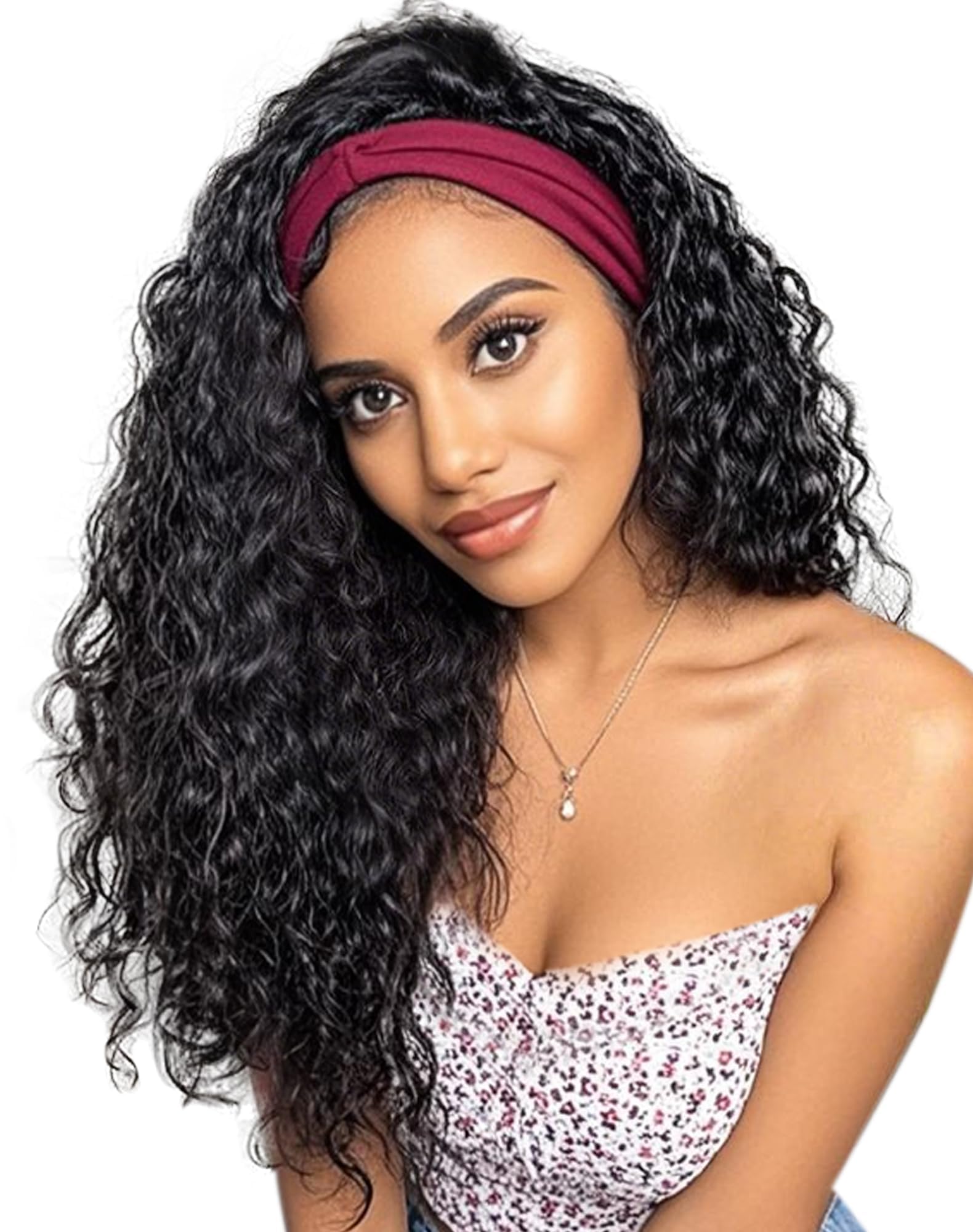 QUEENTAS 18 Inch Deep Wave Curly Headband Wig, 1B Black Synthetic Wig for Black Women, Glueless Wear and Go Bob Heat Resistant H